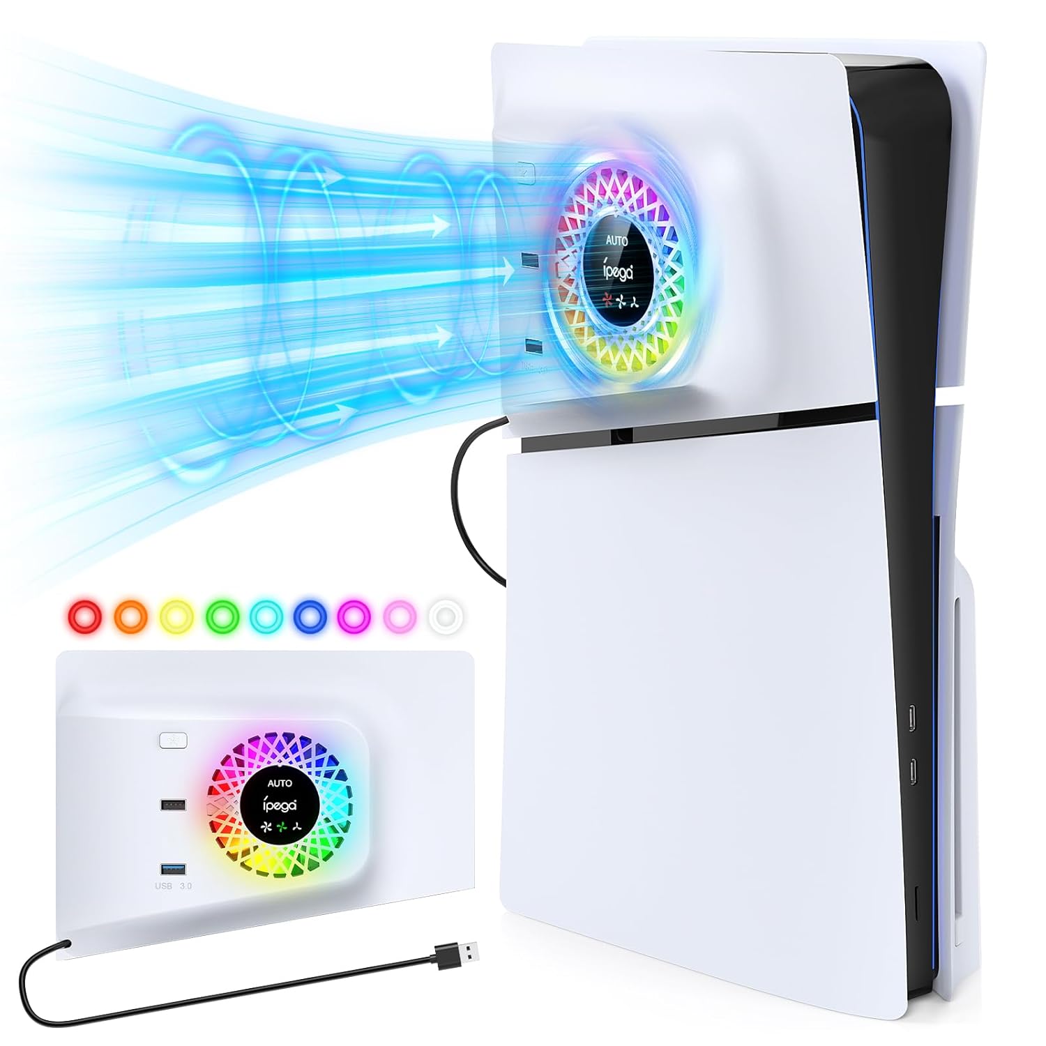 Product image of PS5 Slim Cooling Fan with RGB Lights, Temperature Sensor, 3 Speed Settings, USB 3.0 Hub