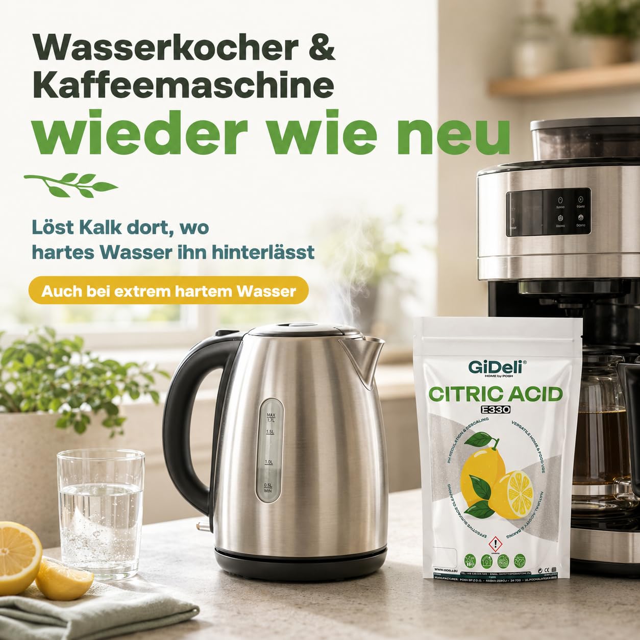 GiDeli Zitronensäure Pulver E330 in Lebensmittelqualität 4x5kg - reine Citric Acid zum Entkalken von Wasserkocher Kaffeemaschine & Waschmaschine - Vegan & Gentechnikfrei für Küche und Haushalt