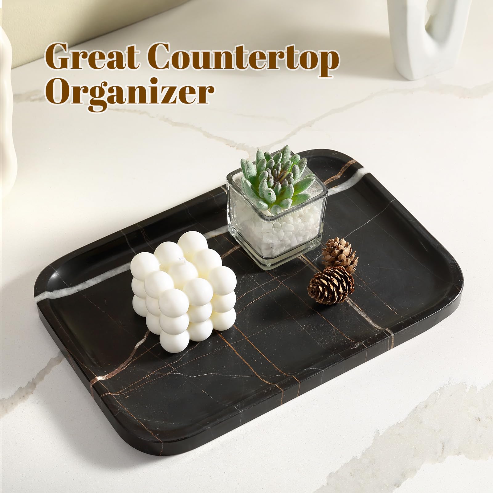 Koville Vassoio in marmo, 30,5 x 20,3 cm, organizer in marmo per piano di lavoro, bagno, cucina, comò, piatto decorativo rettangolare per gioielli, cosmetici, profumi, gingilli (nero)