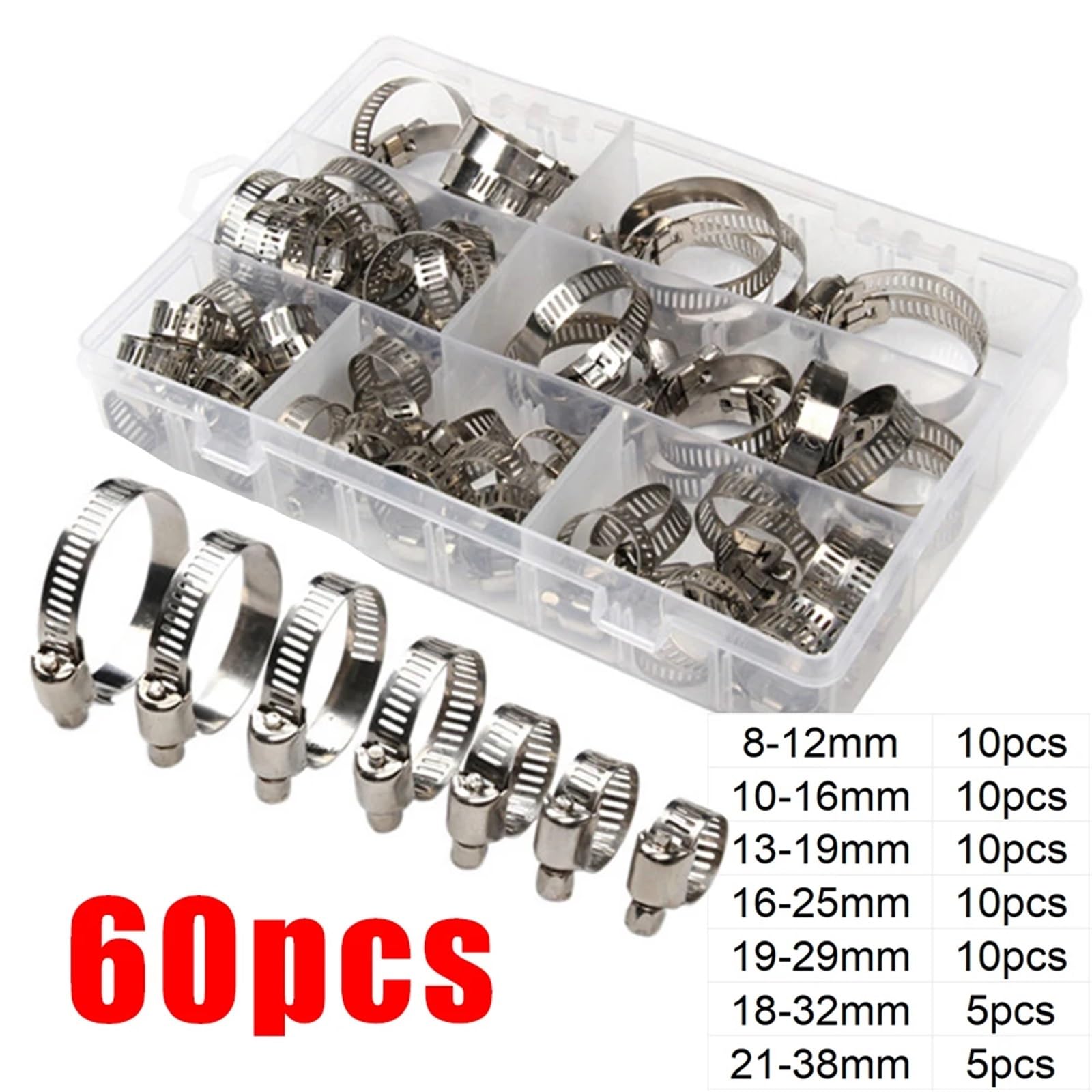 Schlauchschellen-Set, Edelstahl, verstellbar, Schneckengetriebe, Schraubband, Schlauchschelle for Rohr, Kraftstoffschlauch, Wasserhahn, Befestigungs-Sortiment(40pcs-box)