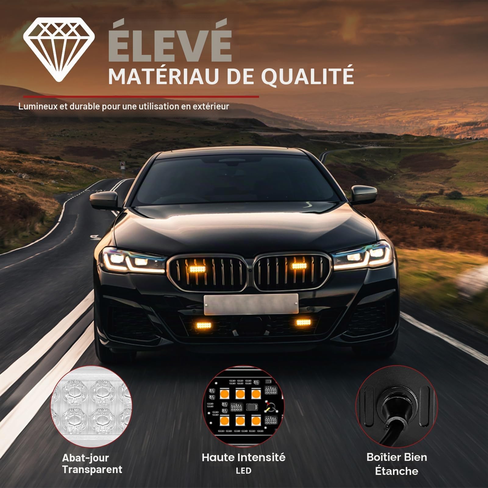 Lot de 4 Lampes de détresse avant pour voiture à 12 LED, stroboscopique, orange, 12V, avertissement clignotant avec 15 modes de flash, pour camion, véhicule, tracteur, accessoire, IP65