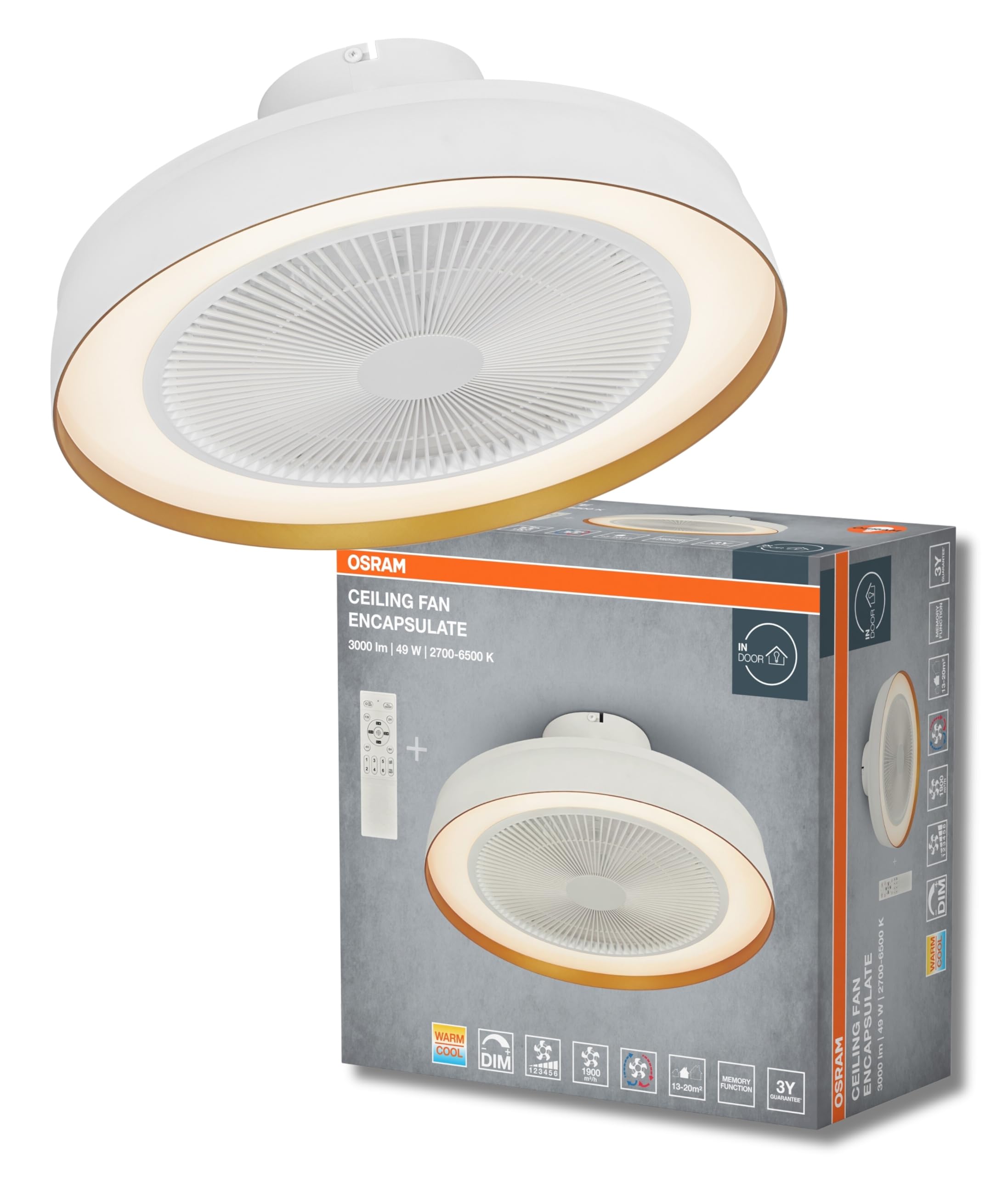 Wentylator sufitowy OSRAM 480 mm, 49 W LED ściemnialny, silnik DC 6 prędkości, zdalny timer, 1900 m³/h, 13-20 m²