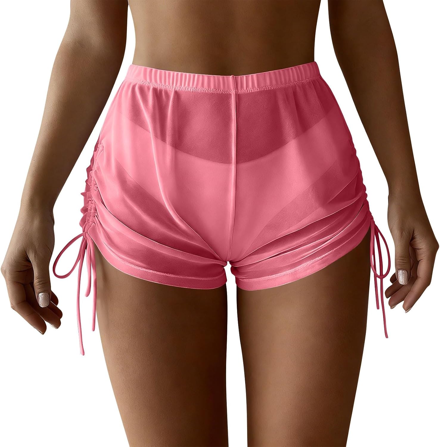 Women's Sheer Mesh Swimsuit Coverup Shorts Side Drawstrings Beach Bathing Suit Bikini Cover Up Short Bottoms