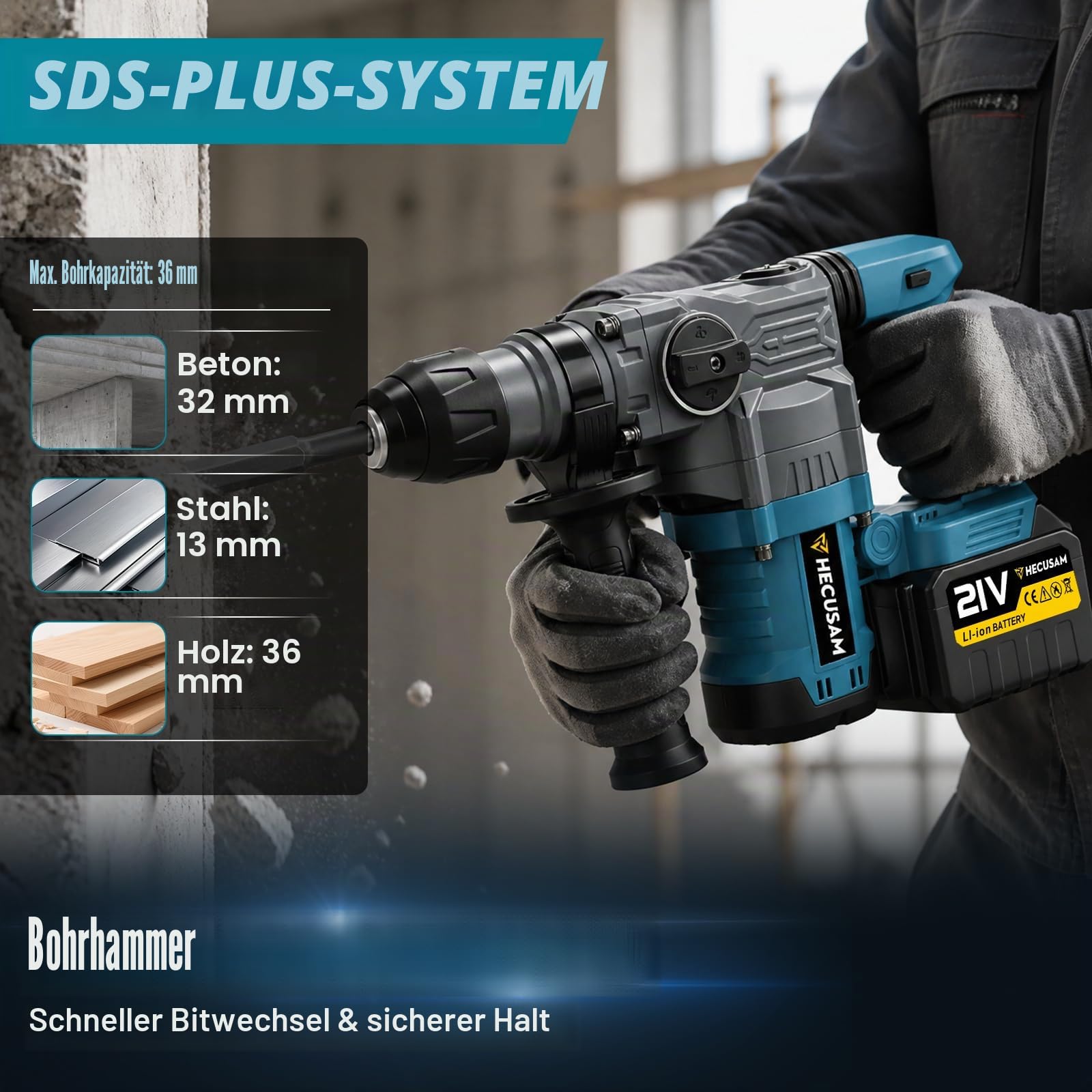 8J SDS Plus Akku Bohrhammer, 0-3000U/Min Bürstenlos, Schlagbohrmaschine mit 2×4.5Ah Akku (Kompatibel mit Makita 18-V-Akkus), Anti-Vibrationsgriff und Sicherheitskupplung für Beton, Renovierung & DIY