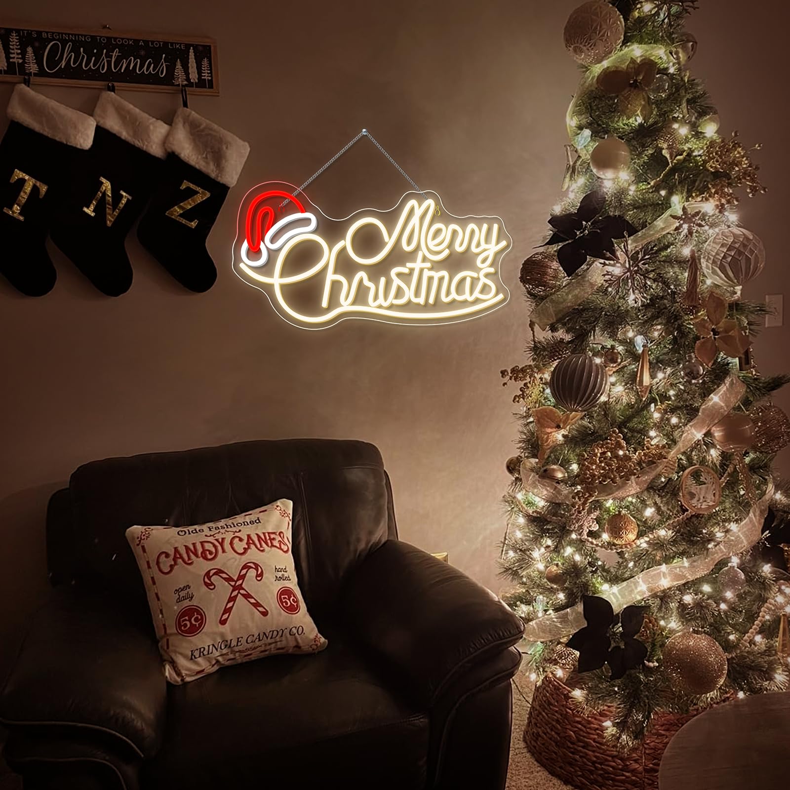 Merry Christmas Hat Neon Led, Lettre Lumineuse Joyeux Noël avec Interrupteur Dimmable, Neon Mural pour Décoration,Néon Led de Fête de Noël,Chambre,Nouvel An,Commerce