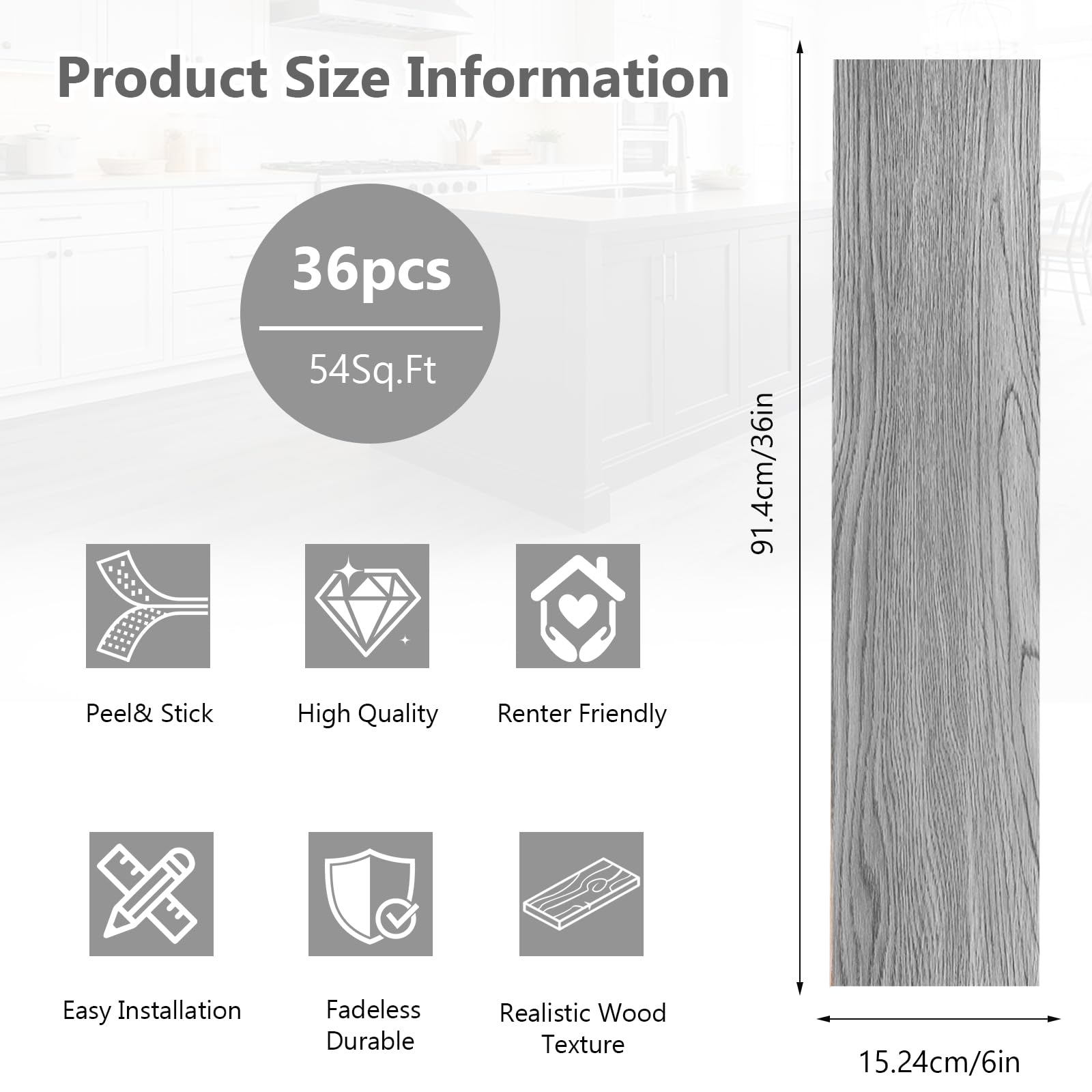 5.02m²/ Vinylboden Selbstklebend, 36 Stück PVC Bodenbelag Selbstklebend mit Holzoptik, Wasserfest Klebefliesen Boden für Küche Wohnzimmer Bodenbelag - 15,24 cm x 91,44 cm - Dicke 2 mm (Eiche Grau)