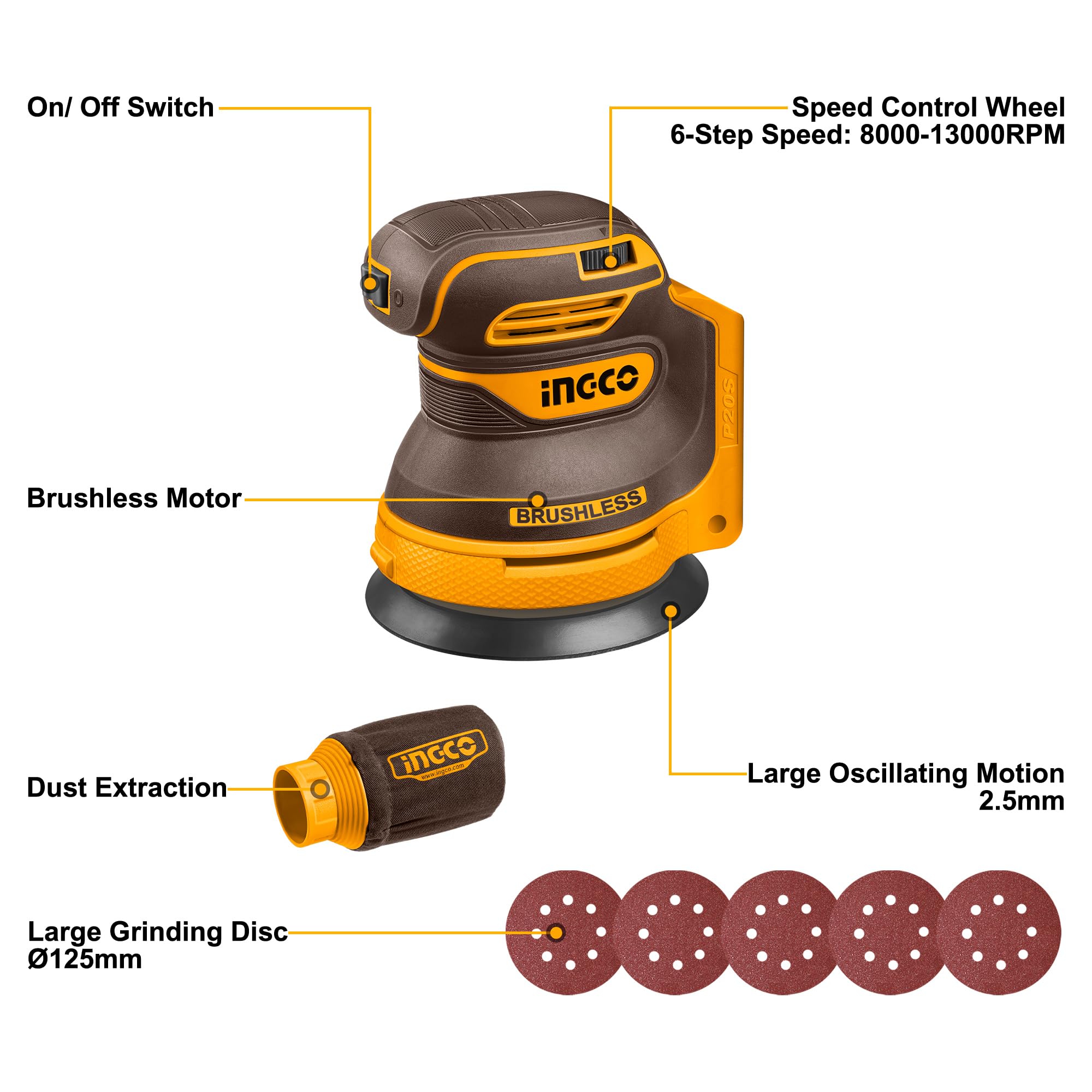 INGCO 20V Cordless Random Orbit Sander 125mm (Body Only), Brushless Motor, 6 Variable Speeds, 5Pcs Sand Paper - Image 4