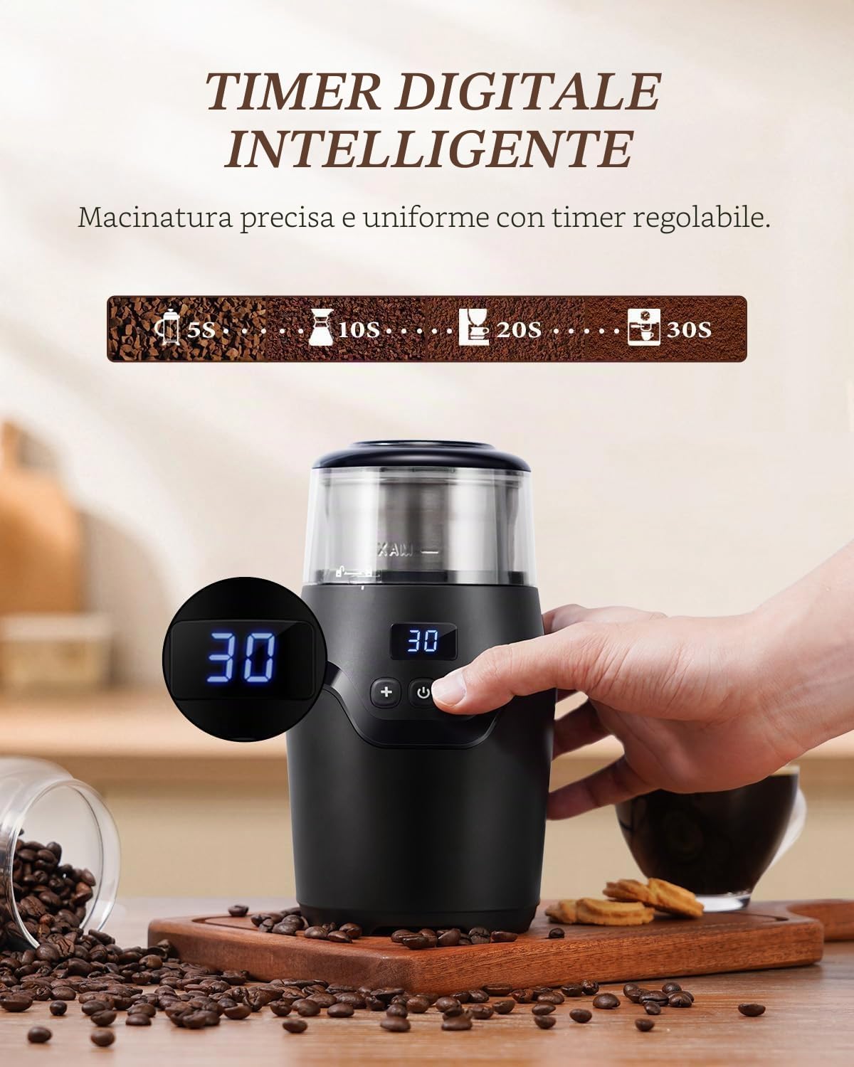 Macinacaffè elettrico con timer digitale intelligente, macinacaffè con lame a Z in acciaio inox, per macinare velocemente chicchi di caffè, noci e spezie