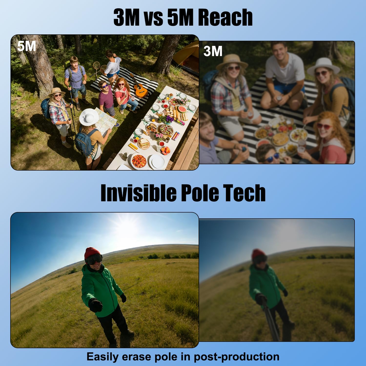 5m/16.4ft Carbone Fibre Extensible Invisible Selfie Perche Compatible avec Insta360 X5-X Ultra-longue Perche Compatible avec Gopro 12-3 Osmo 360 Action 6/5 Pro 4 3 Compatible avec Xbot Go Photographie