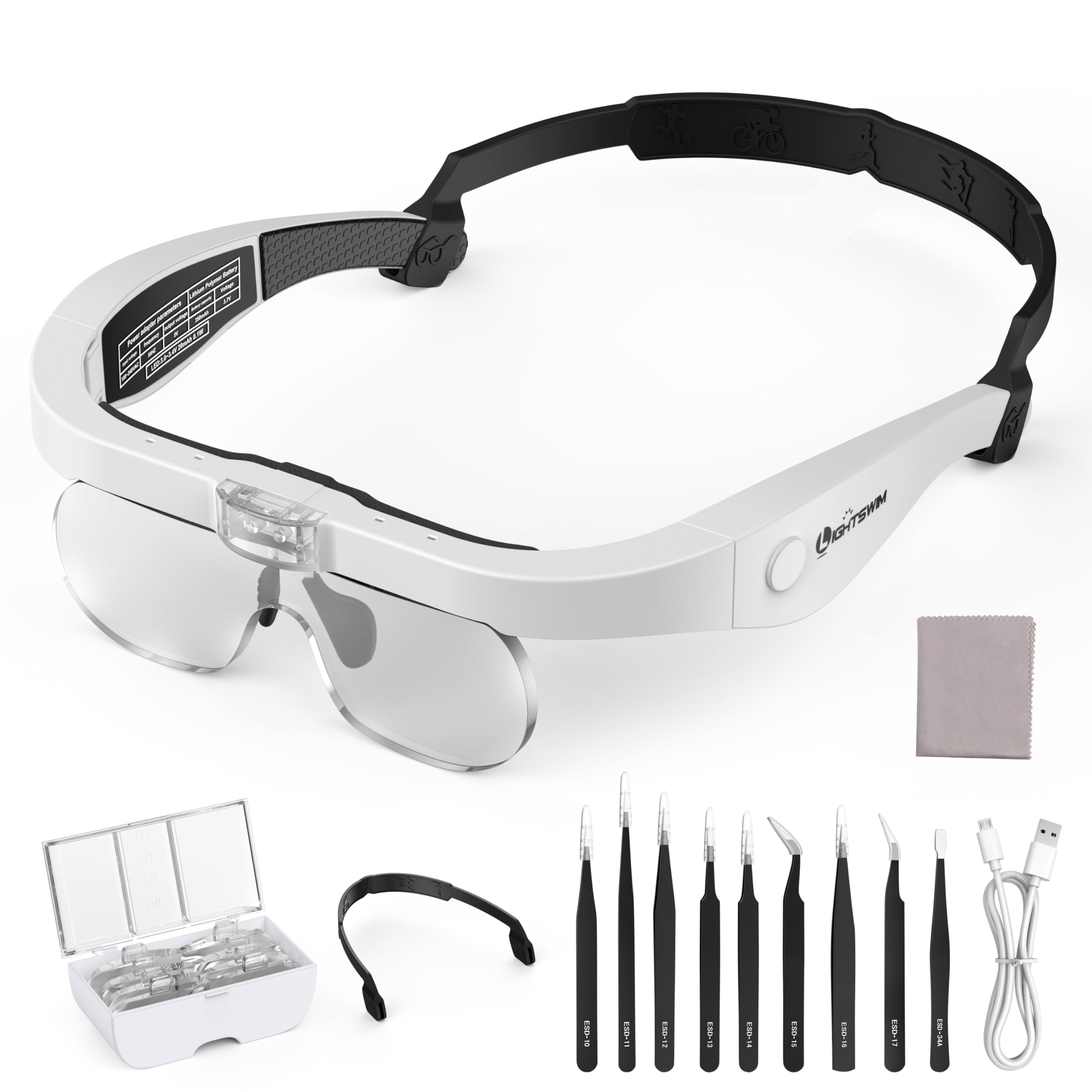 LED Head Magnifier, Rechargeable Hands-Free Headband Magnifying Glass with 4 Detachable Lenses, 1.5X-5.0X Glasses for Close Work Crafts Jewelry Reading