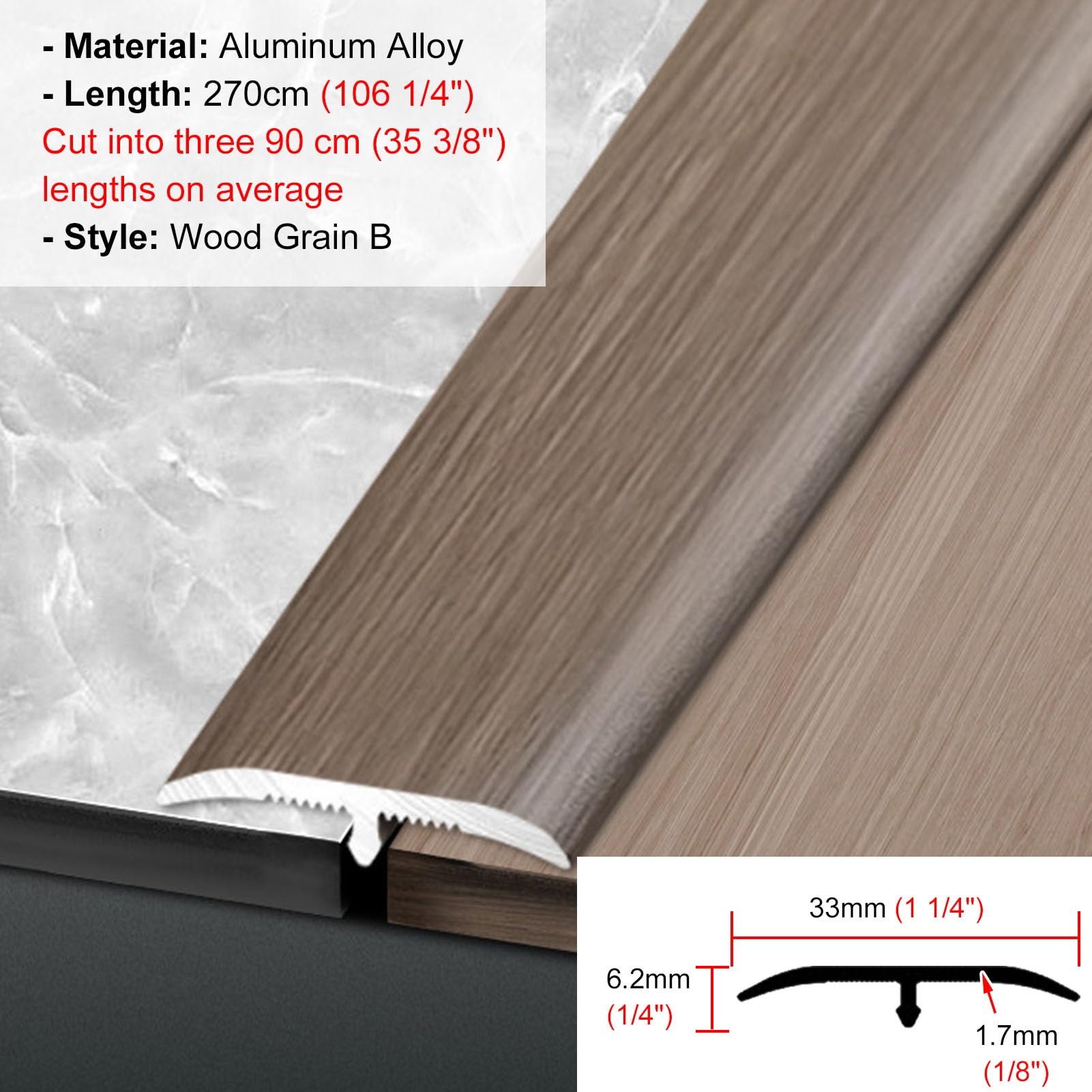 Perfil de Transición para Suelo Perfil de transición con acabado de madera, umbral de puerta con ranuras inferiores, perfil de remate para suelos con integración perfecta(Wood Grain B)