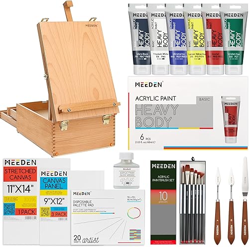MEEDEN Juego de pintura acrílica con caballete: 44 piezas de suministros de arte Kit de pintura con caja de mesa caballete para adultos - 24