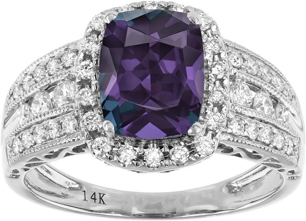 10K 14K 18K Gold 1/2 Cttw Diamond and Cushion Gemstone Engagement Ring for Women 2 Carat Cushion Cut Halo Gemstone Ring Size 4-15