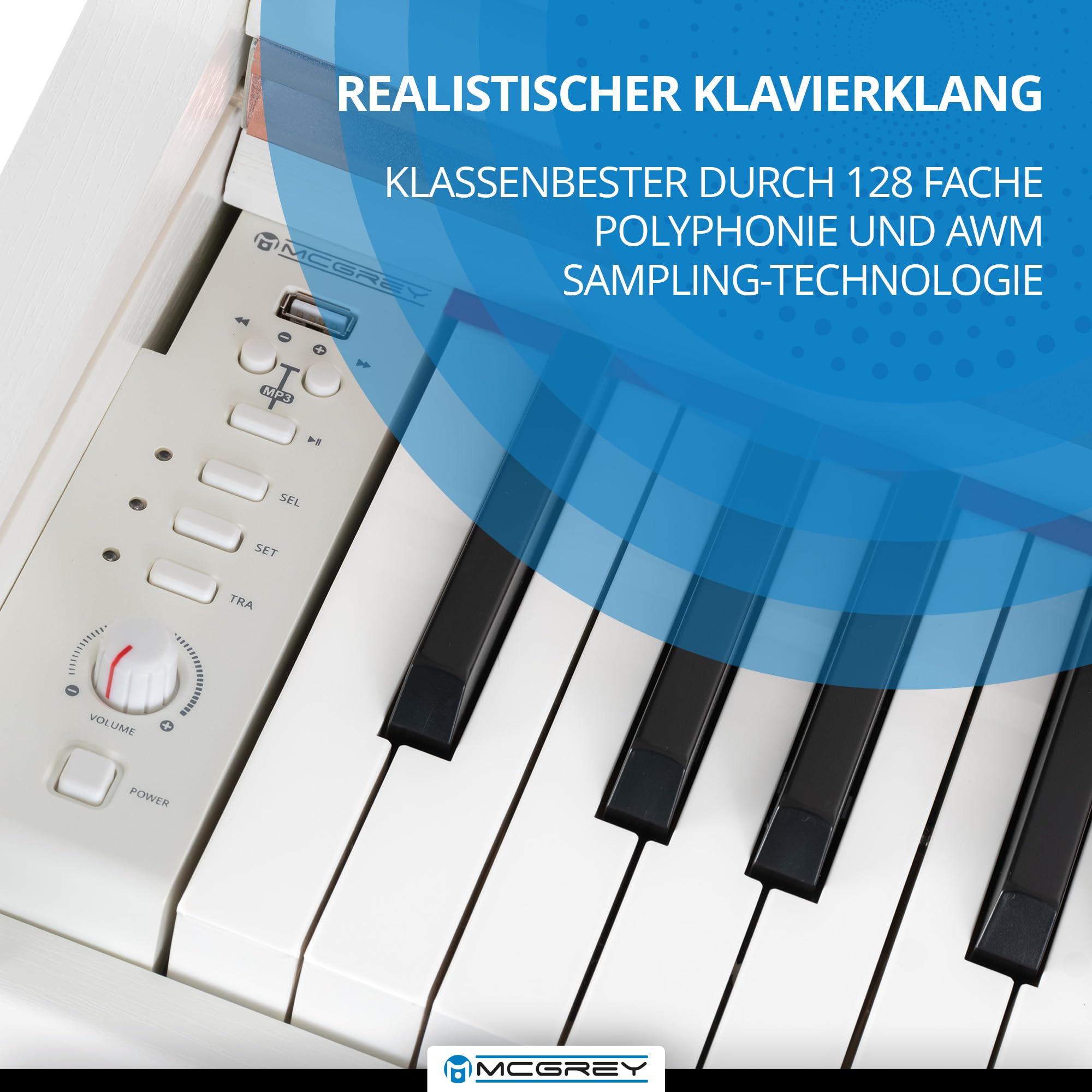 McGrey DP-19 WM E-Piano Set - 88 gewichtete Tasten mit Hammermechanik und Anschlagdynamik - 8 Klänge - Tastaturabdeckung - inkl. Klavierbank, Kopfhörer und Klavierschule - Weiß matt