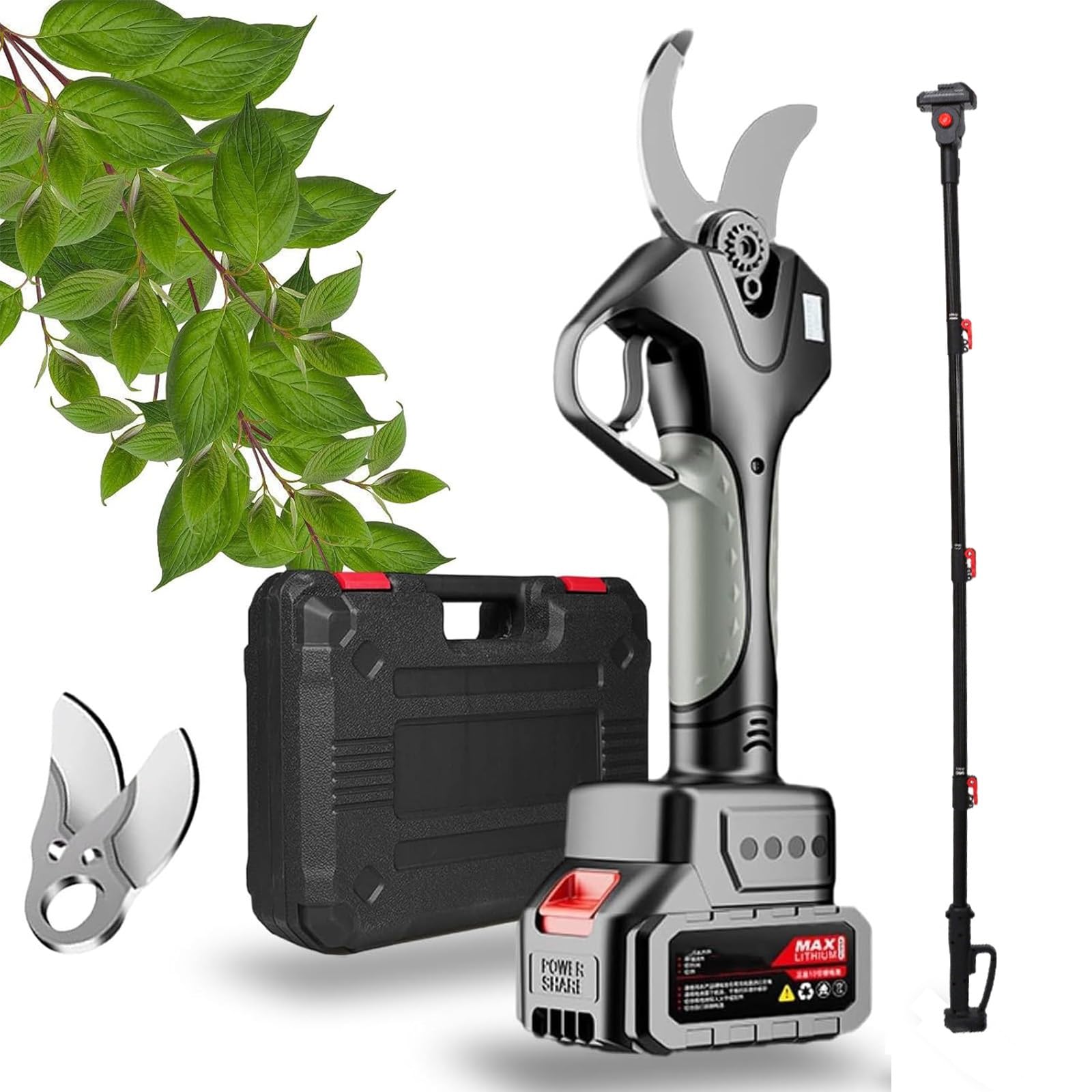 Tijeras De Podar Eléctricas Profesionales Con Mango De Extensión 2.1m - Capacidad De Corte 50mm, Batería Litio, Cuchillas SK5, Peso 0.8kg Para Olivares(2 Battery)