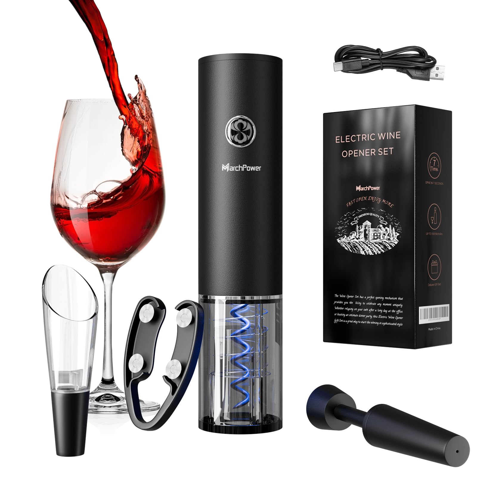 Marchpower Electric Wine Bottle Opener Set, Portable Cordless Rechargable Automatic Corkscrew Opener with Aerator Pourer, Foil Cutter, Vacuum Preservation Stopper and Type C Cable for Wine Lover Gift