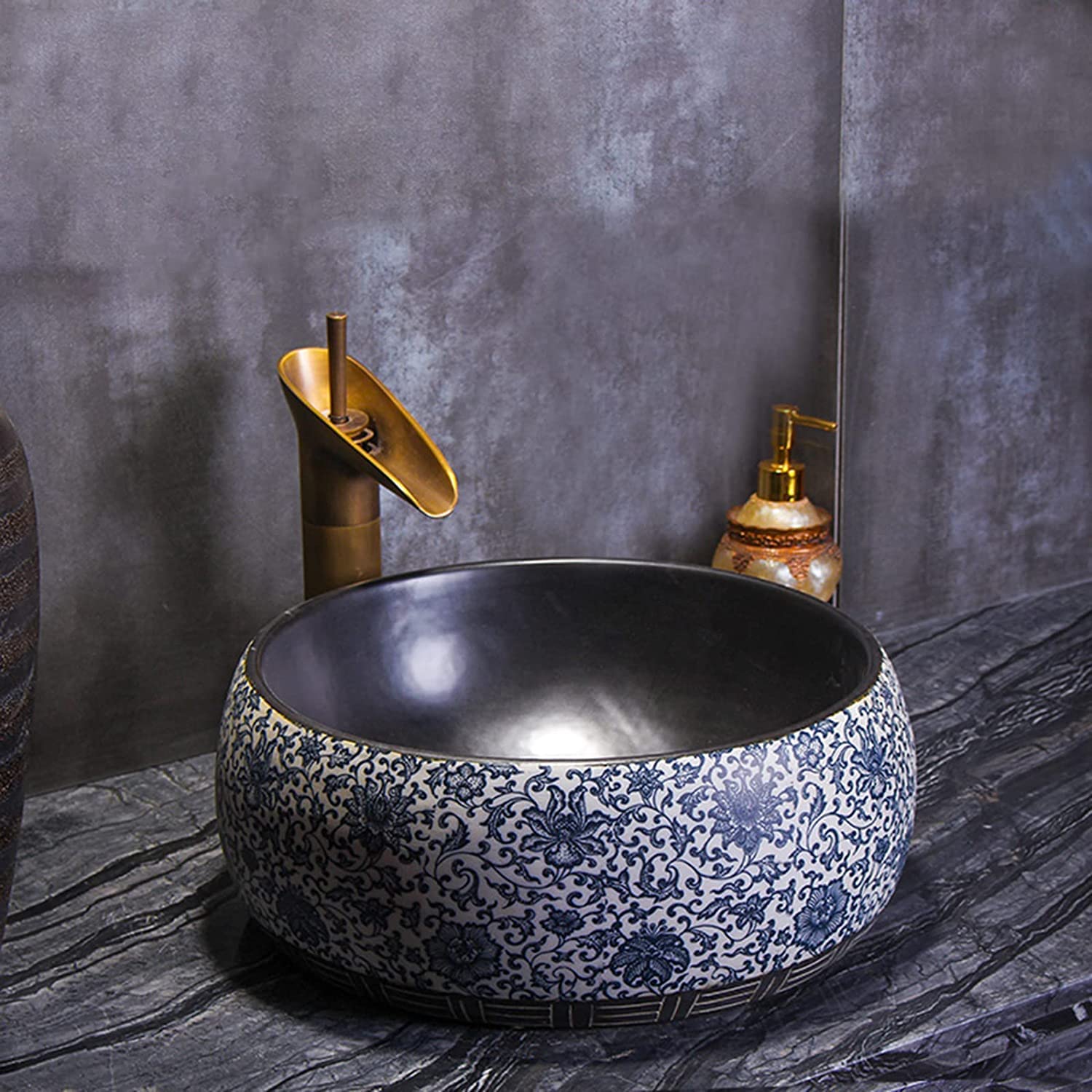 WOTZOV Ceramic Bathroom Sink Hand Carved Countertop Basin Sink, Ceramic Bathroom Vessel Sink With Faucet And Drain Combo, Industrial Style Washbasin 40 * 40 * 14Cm Retro Decorat,Basincombination