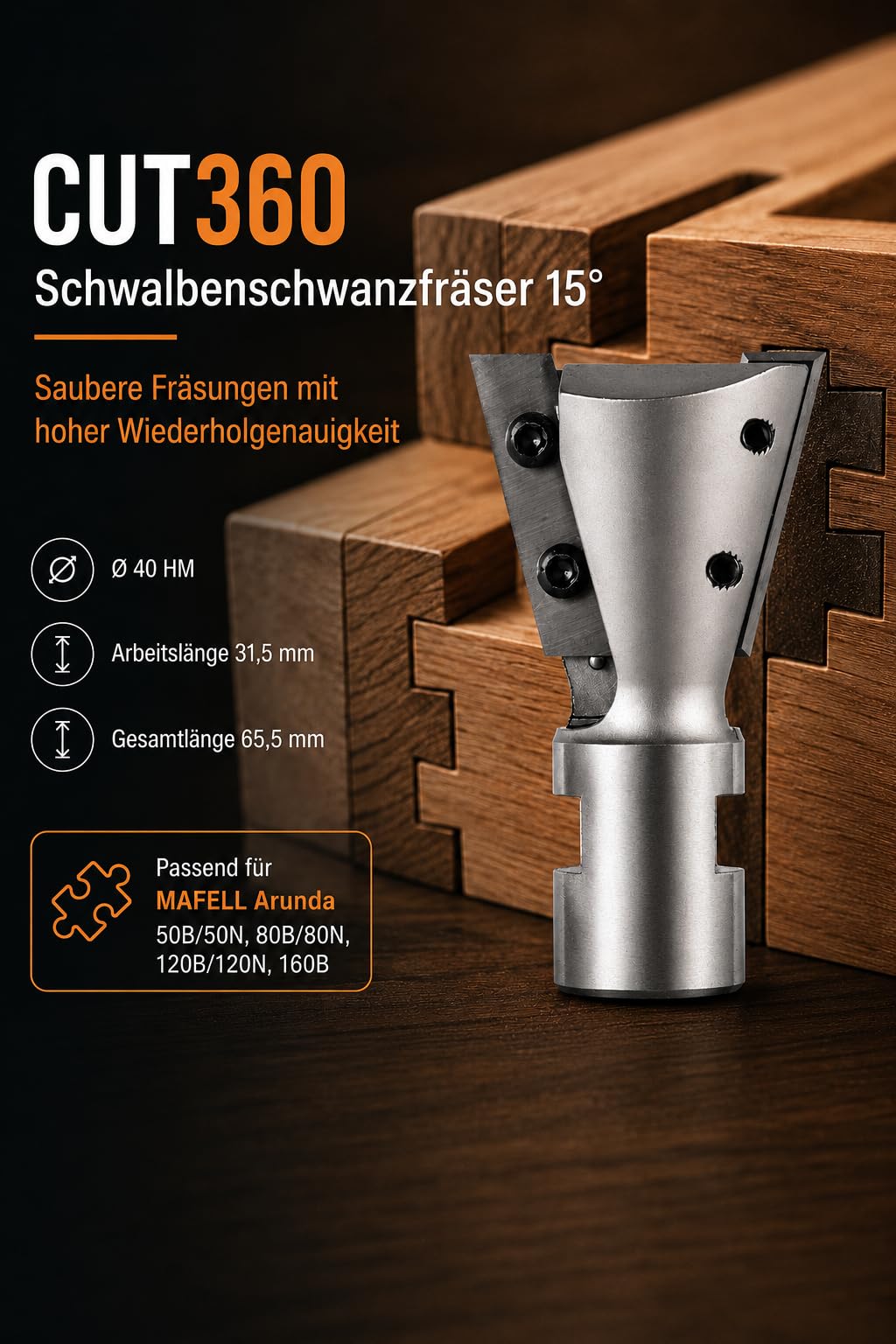 CUT360 - Zinkenfräser/Schwalbenschwanzfräser 15° für Arunda® System | Ø 40 HM, rechts | AL 31,5 mm, GL 65,5 mm | Schaft M12x1 | inkl. Wendemesser | Wendeplatte 901.315.09.00