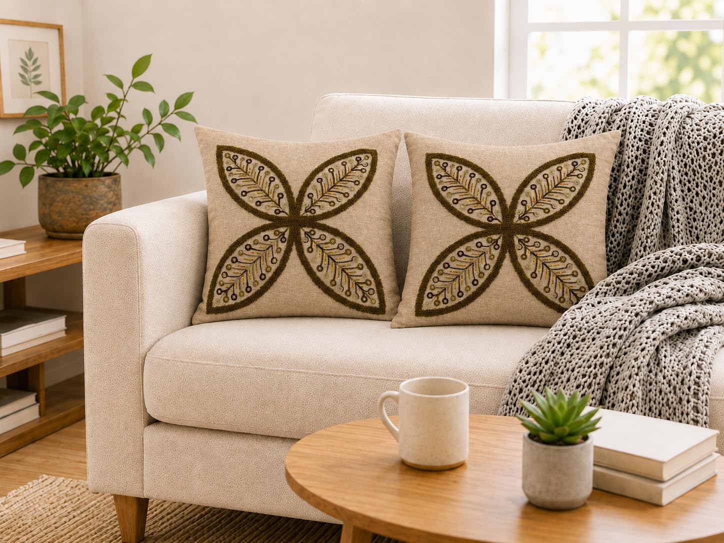 CASA-NEST Embroidered Cushion Covers 16x16 Inch Set of 5pc | Beige & Brown Leaf Pattern Decorative Pillow Covers | Square Sofa Cushion Covers for Living Room, Bedroom & Home Decor (Beige)DS-1-image-20