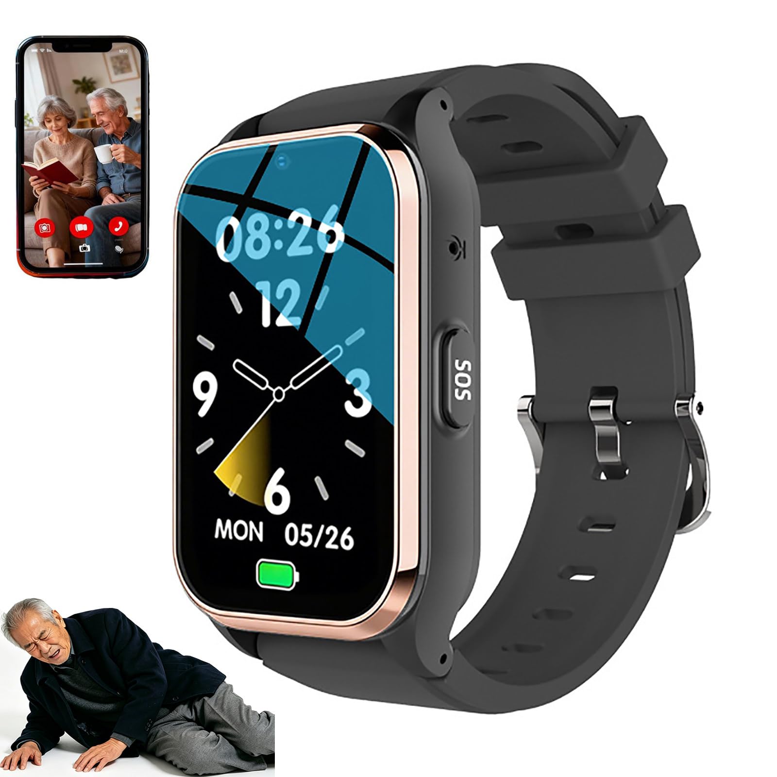 ZHZWwansuGE Smartwatch For Seniors, GPS Tracking, Fall Detection Alerts, SOS Button, 1.6″ HD Video Calling, Multi-Language Support, Health Monitoring, Anti-Lost Wristband Gold
