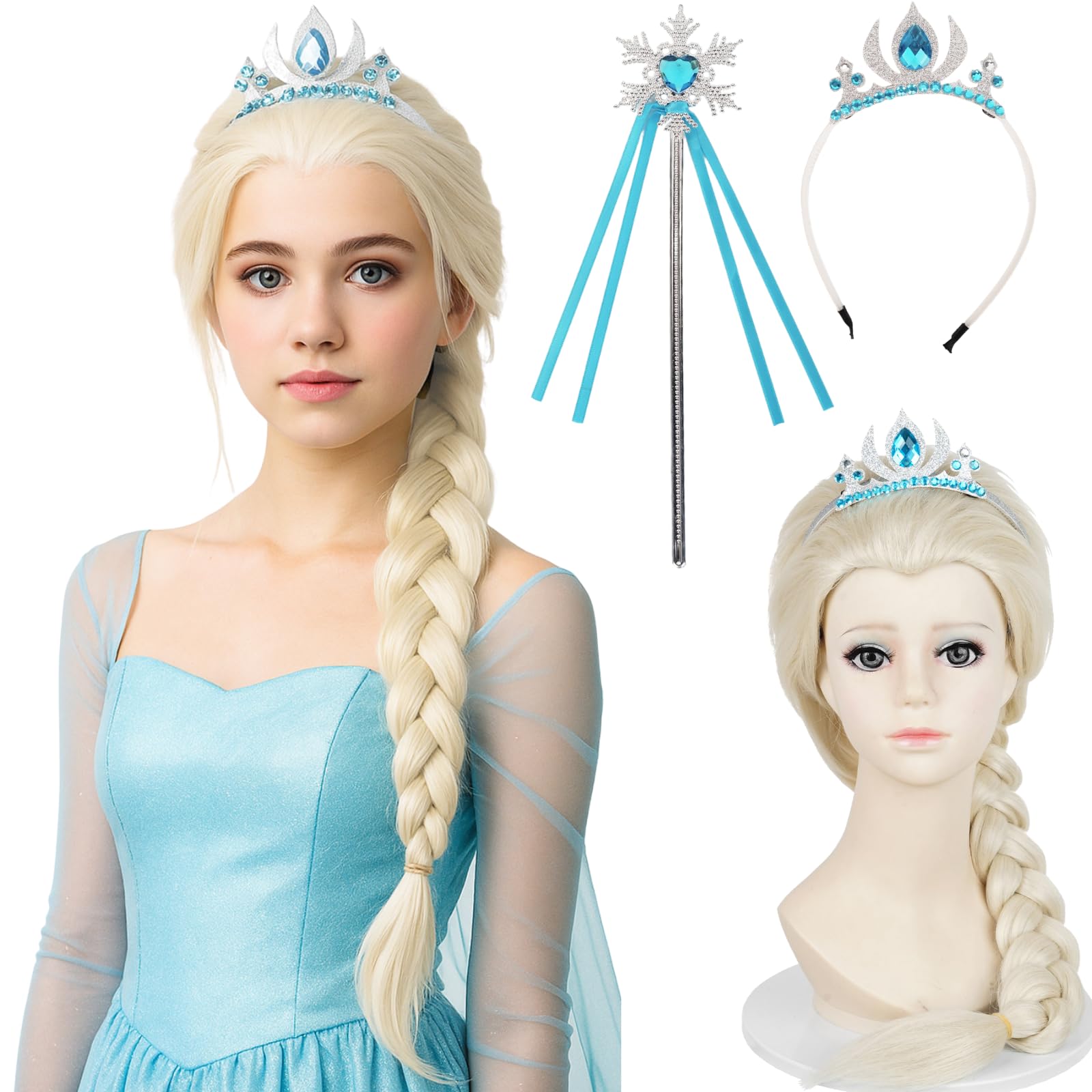 White Blonde Braided Wig for Kids Girls, 19.69'' Long Platinum Blonde Princess Kids Wig + Wig Cap for Halloween Party Costume Cosplay