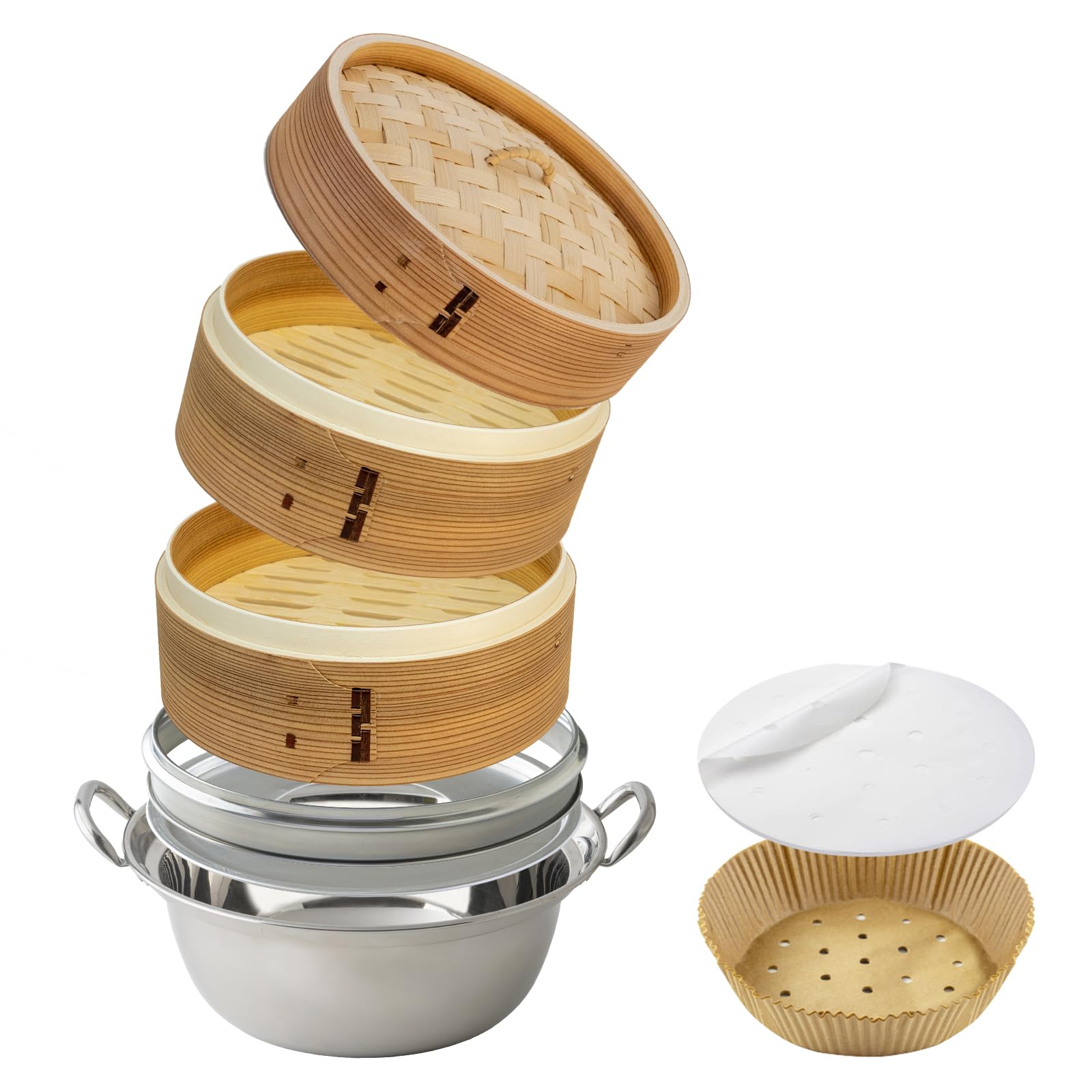 【未使用品】せいろ蒸し　ステンレス鍋付　蒸し布付　木蓋　取扱説明書付 タイムセール】蒸し器 二段三段 26/28/30cm 大容量 ステンレス