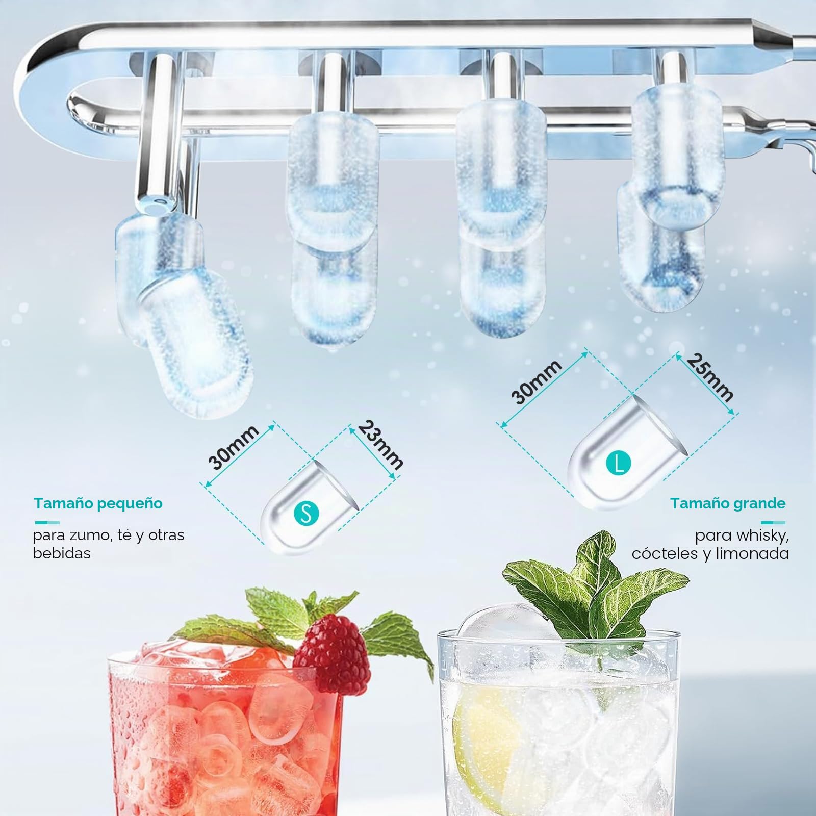 Maquina de Hielo, 9PCS Cubitos de Hielo en 6 Min, 12kg/24h, 2 Tamaños de Cubitos, Maquina de Hacer Hielo con Asa de Transporte/Pala para Hielo, Maquina Hielo con Autolimpieza para Casa/Cocina/Oficina
