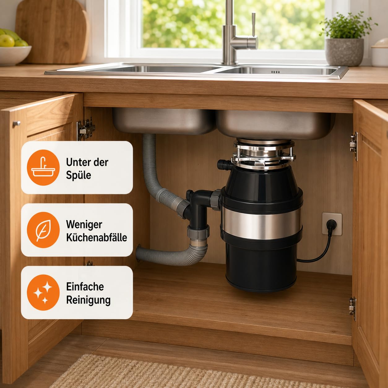 Trituradora de residuos de cocina, 560 W, 0,75 CV, de acero inoxidable, con protección contra sobrecarga y conexión para lavavajillas, cámara de molienda de 1,2 L, velocidad de rotación 1800 – 3400