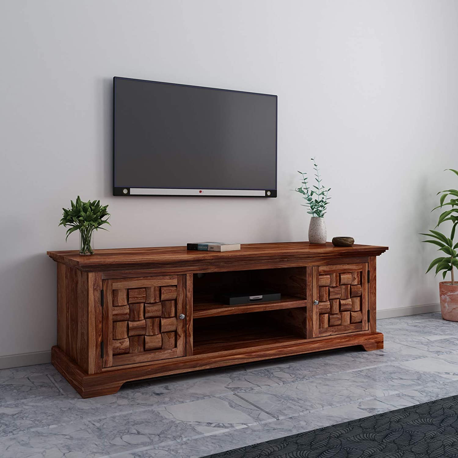 Shari Karni Handicraft Solid Sheesham Wood TV Stand Entertainment Cabinet with 2 Shelf and 2 Door Storage for Living Room Bedroom Hall Television Wooden Furniture (Brown Finish)-image-27