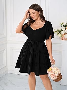SHESTARR Plus Size Smocked Babydoll Mini Dress Short Sleeves A-line Tiered