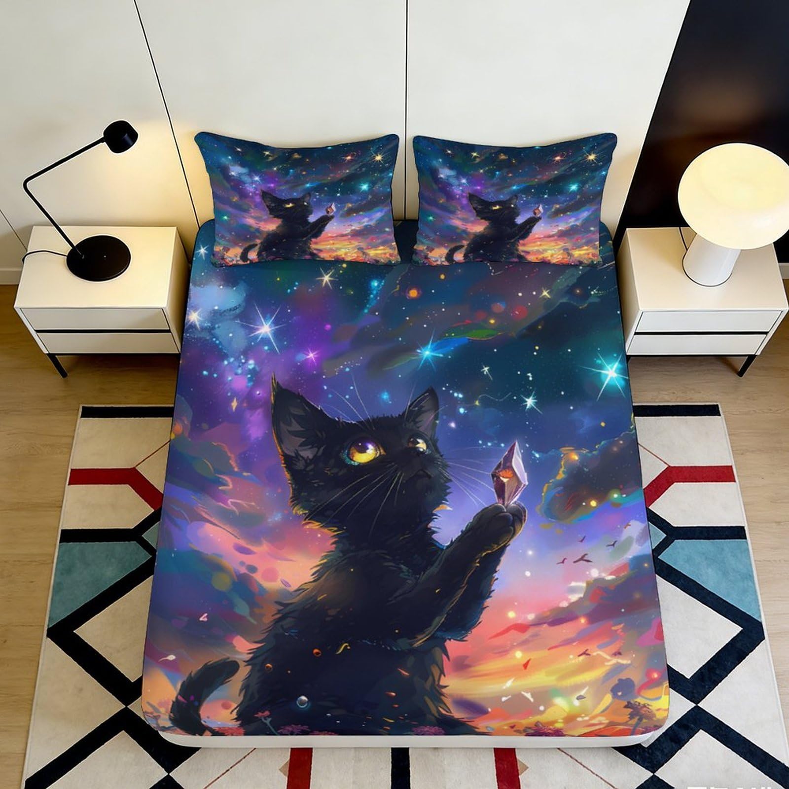 3D Printed Galaxy Cat Fitted Sheet Microfiber Elastic Hem Bedroom Bedding Galaxy Cat Mattress Fitted Cover Deep Pocket Washable 160x200x25cm