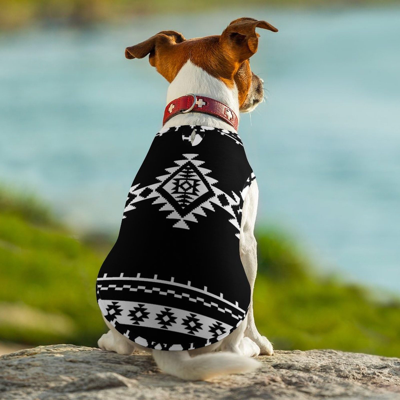 ペット用長袖服 黒と白の幾何学模様 ロンパース 犬服 ペット用長袖服 黒と白の幾何学模様 ロンパース 犬服