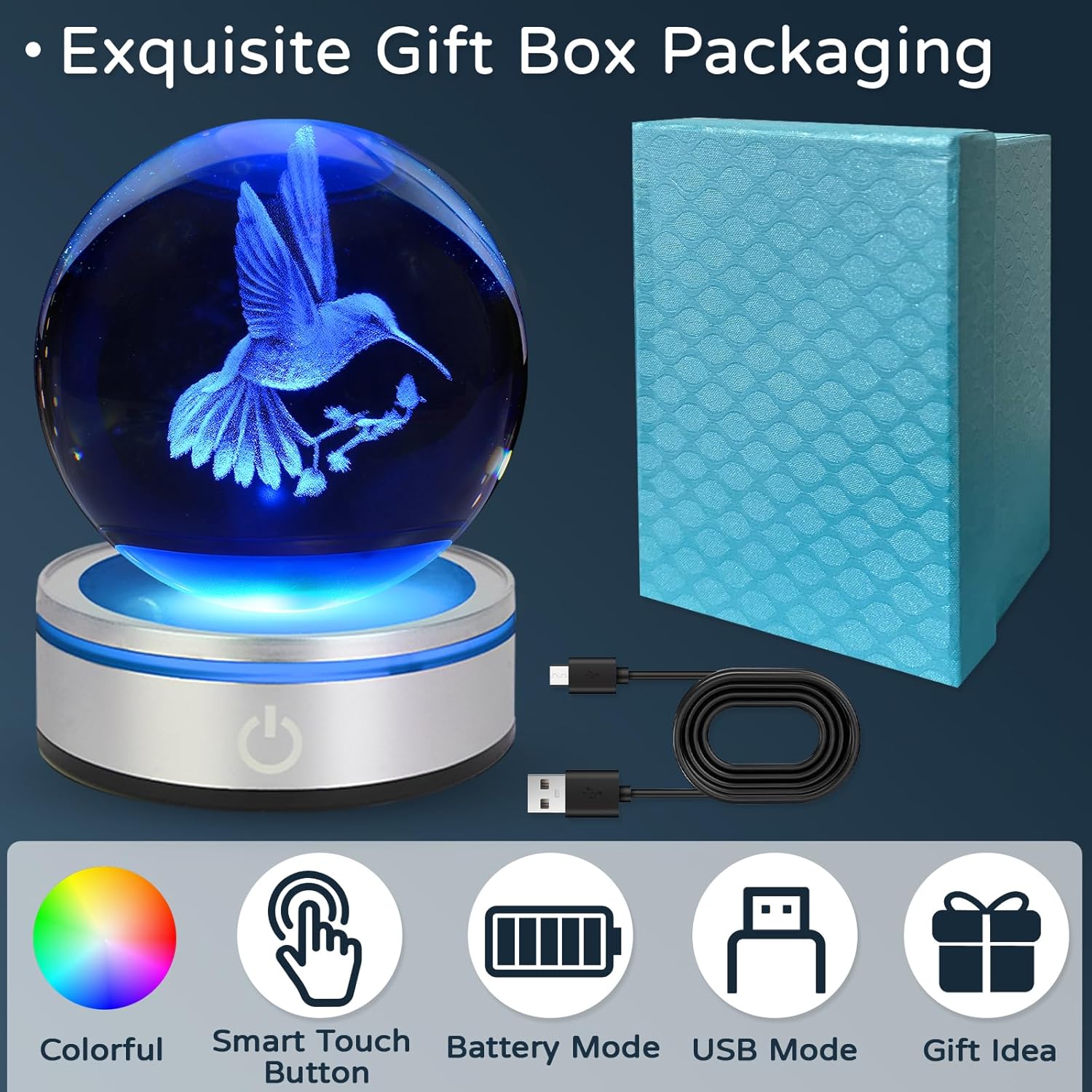 3D Hummingbird Crystal Ball Night Light with LED Colorful Touch Base 3.15 in Hummingbird Figurine Glass Sphere Lamp for Birthday Christmas, Cute Hummingbird Home Decor Gifts for Kids Teens Women - Image 3