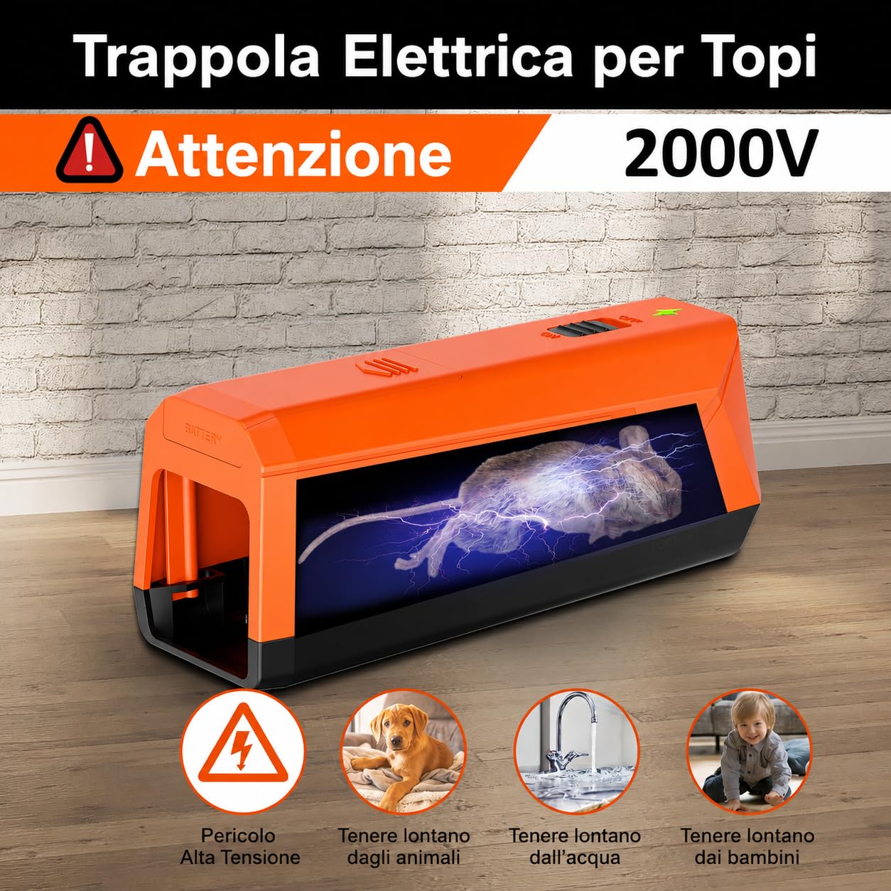 Trappola per Topi Elettrica, Trappole per Topi a Batteria da 2000 V, Potente per Uccidere i Topi All'istante, Adatta per Cucine, Magazzini e Soffitte, Efficace per Piccoli Topi (naranja)