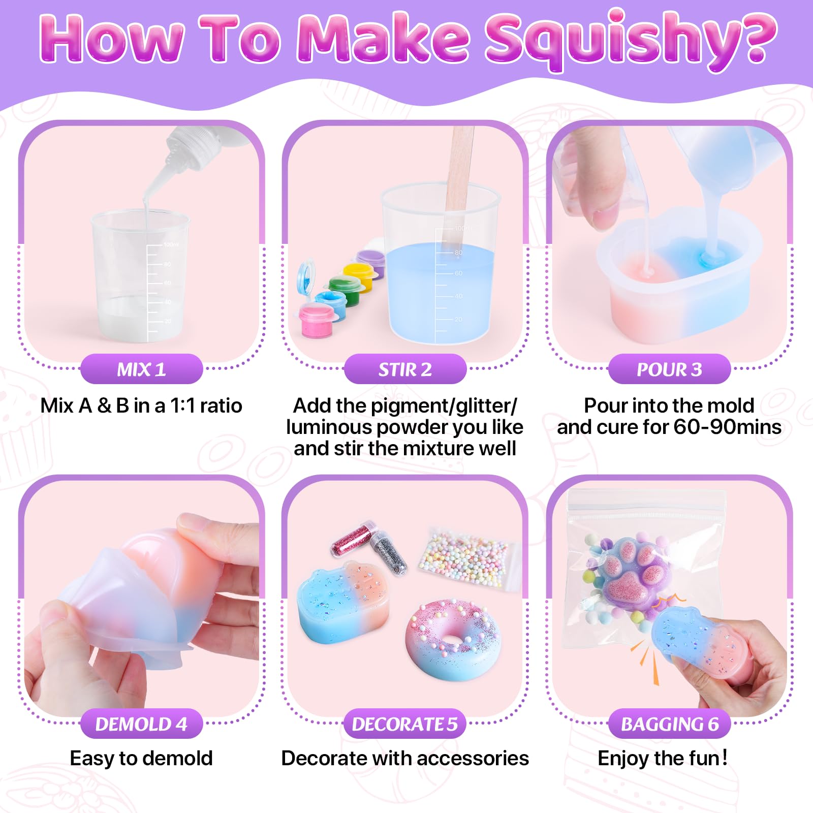 Highttoy Kit Squishy Silicona Líquida Luminoso Bricolaje, 480ml AB Proporción 1:1 Squishy Goma de Silicona avec 6 Moldes y Accesorios, Juguetes Sensoriales Antiestrés para Niños 6+ Años