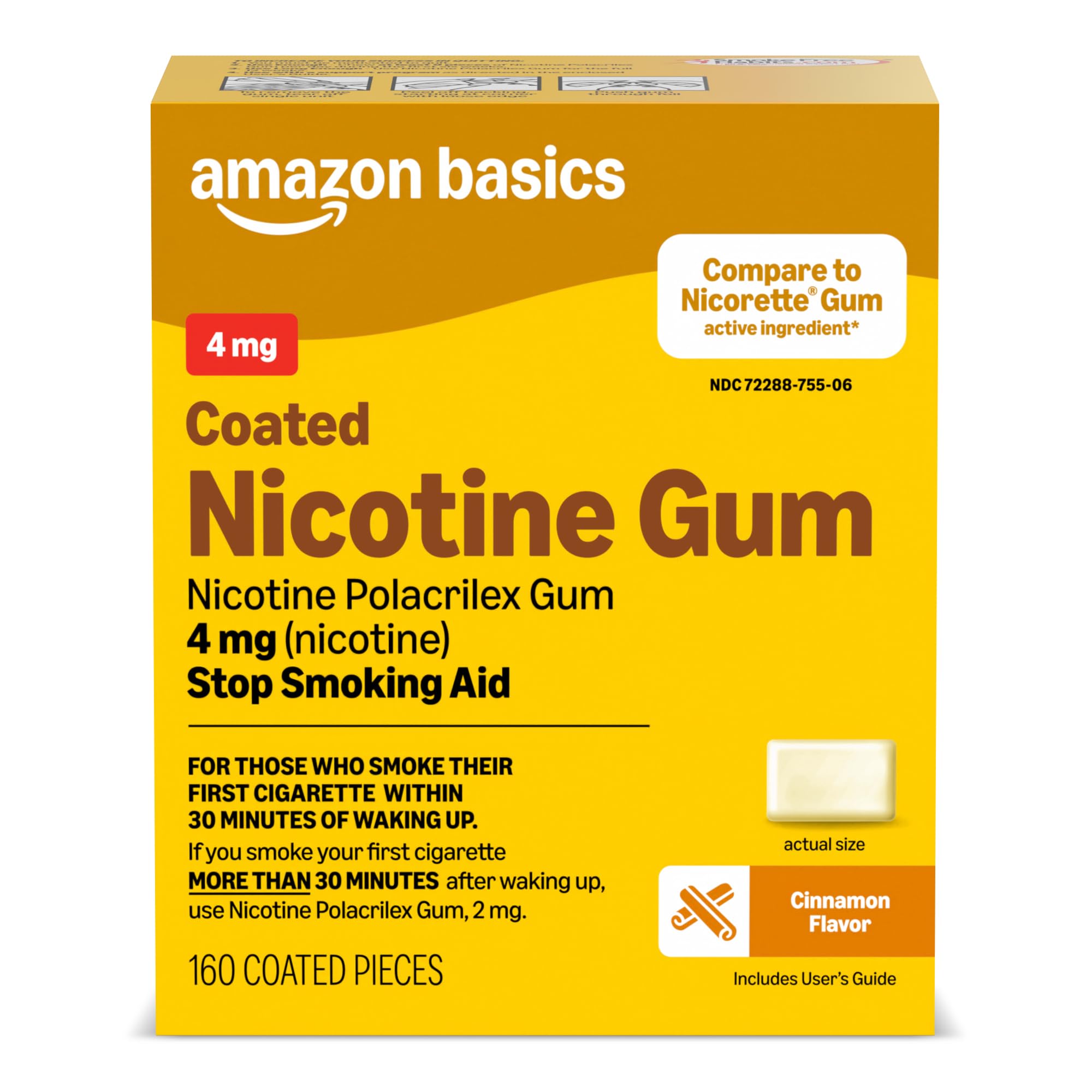 Amazon Basics Nicotine Polacrilex Coated Gum 4 mg (Nicotine), Cinnamon Flavor, Stop Smoking Aid, 160 Count (Previously Amazon Basic Care)