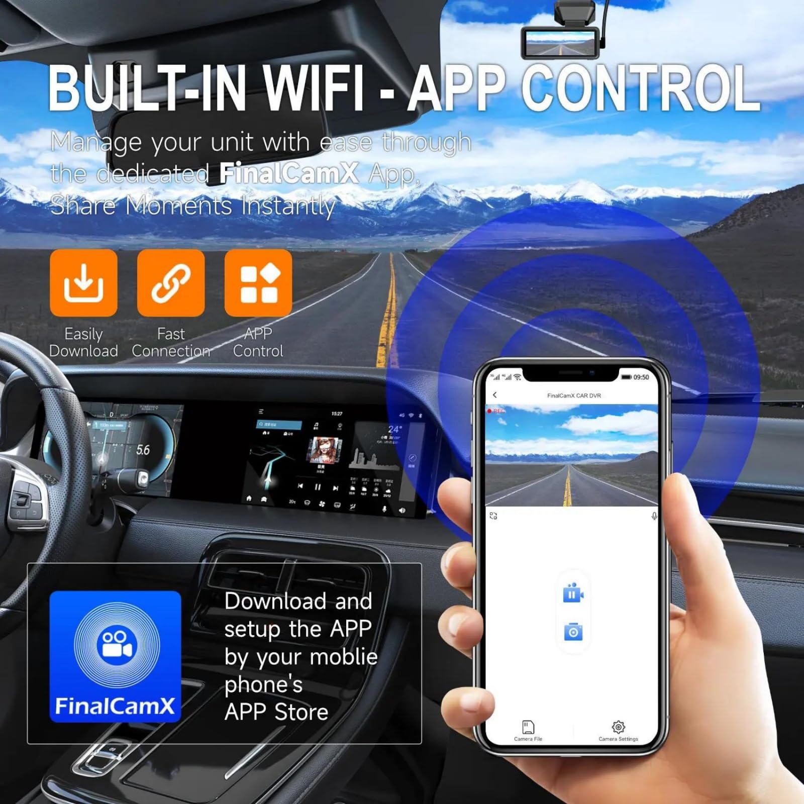 Cámara De Salpicadero 4K UHD De Doble Lente Grabadora Delantera Y Trasera 1K Pantalla De 2,89" Monitor De Aparcamiento WiFi Integrado Fácil De Instalar Y Desmontar DVR De Coche,WiFi+GPS