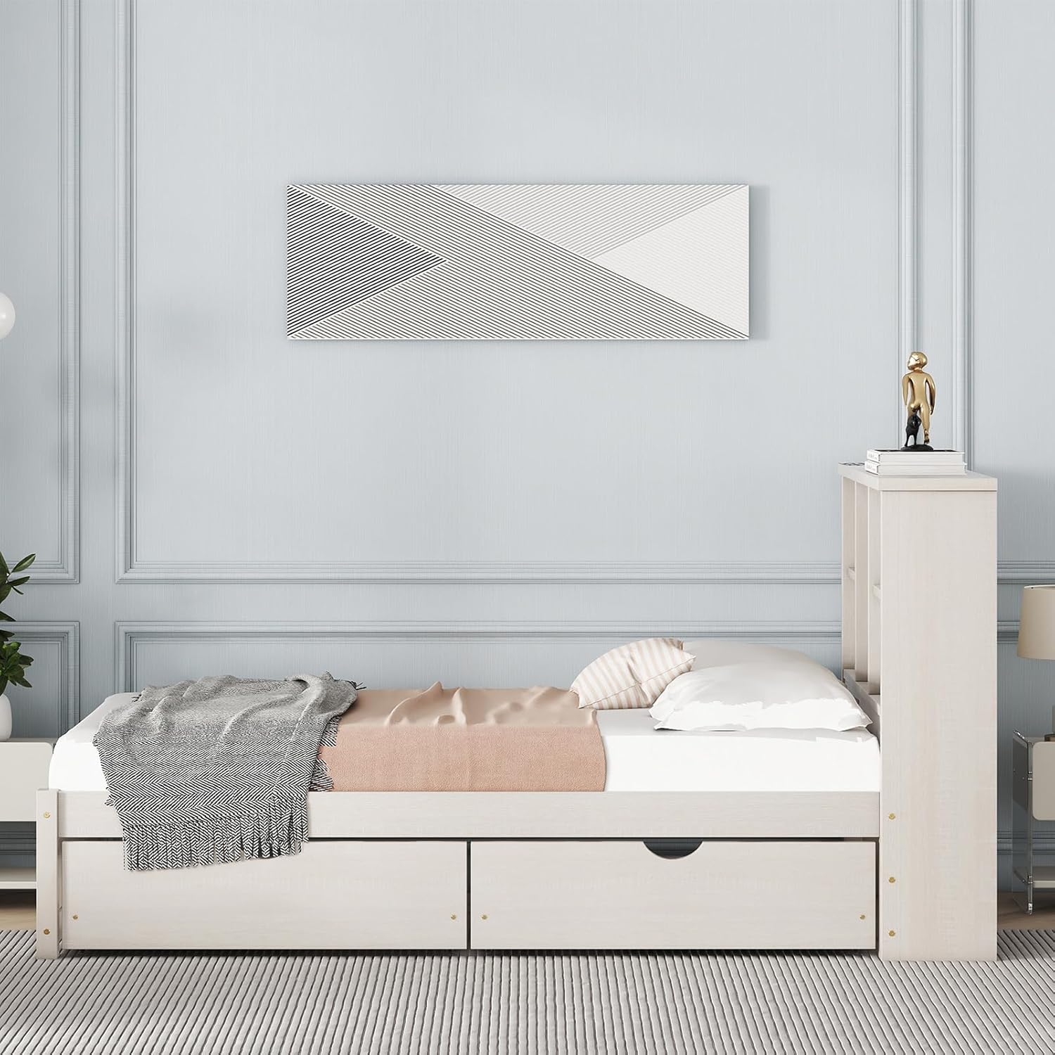Modern Twin Size Bed Frame with Built-in USB Port on Bookcase Headboard and 2 Drawers for White Washed Color