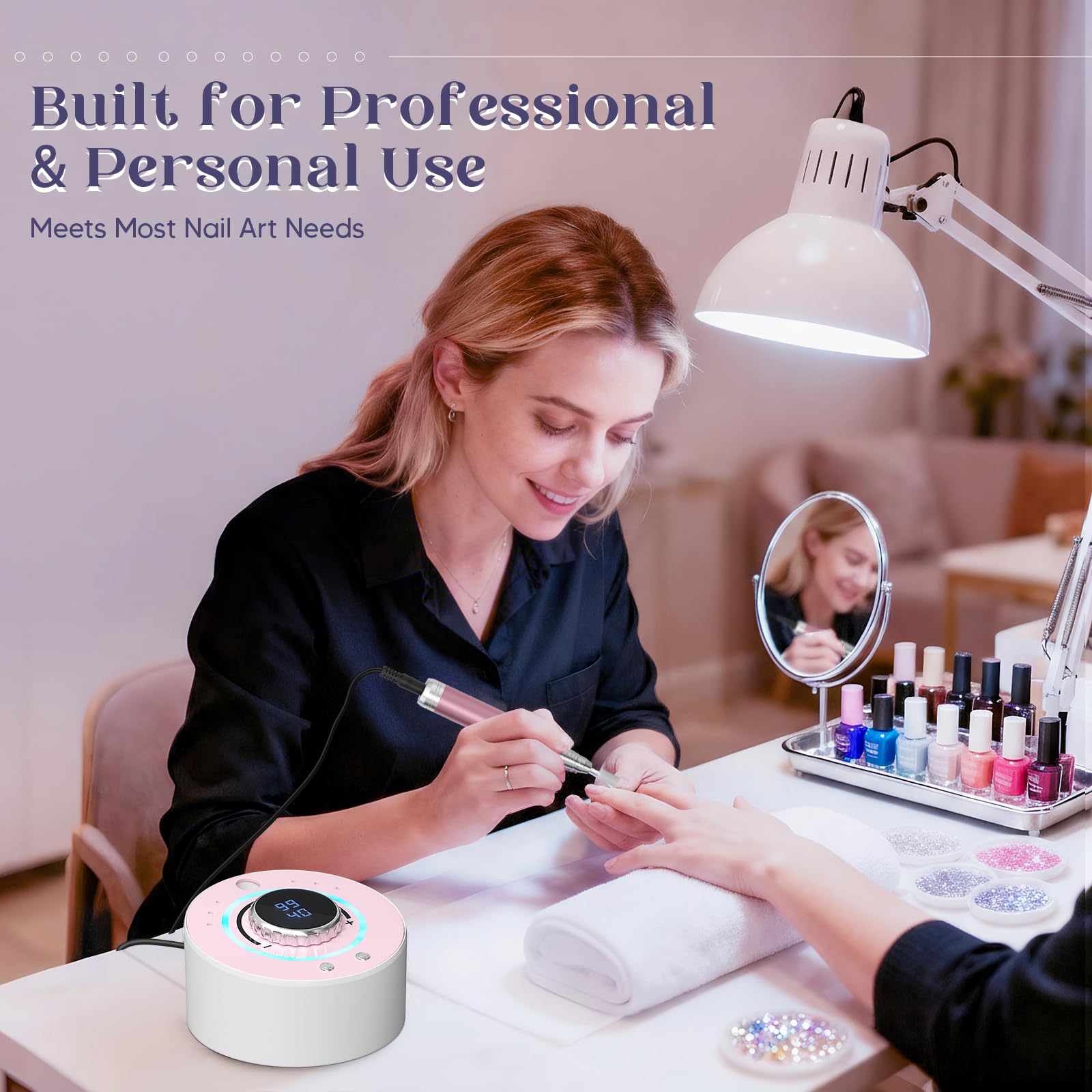 Fresa per Unghie Professionale 36000 RPM, Fresa Per Unghie Con 12 Testine Di Levigatura, Display LCD Ricaricabile Batteria Design, per Manicure e Pedicure Rimozione Smalto Calli e Duroni (Rosa)