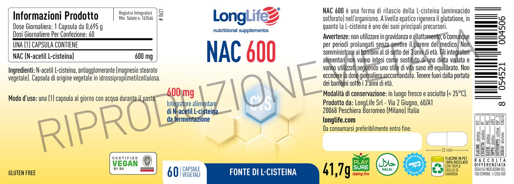 LongLife® NAC 600 | Precursore del glutatione | Alto dosaggio | N-acetil-cisteina | Fonte di L-cisteina | Azione antiossidante | Difese naturali | 2 mesi di trattamento | Vegano e senza glutine