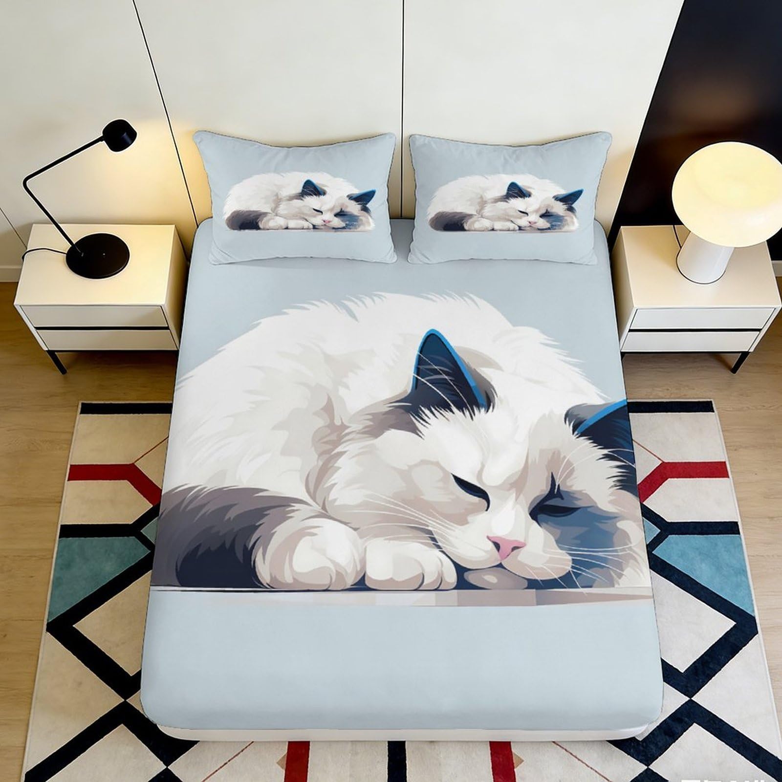 Jqzkxnhpbr Style-2 3D Printed Sleeping Cat Fitted Sheet Microfiber Soft Bedroom Decor White Kitten Mattress Cover 90X200x25cm