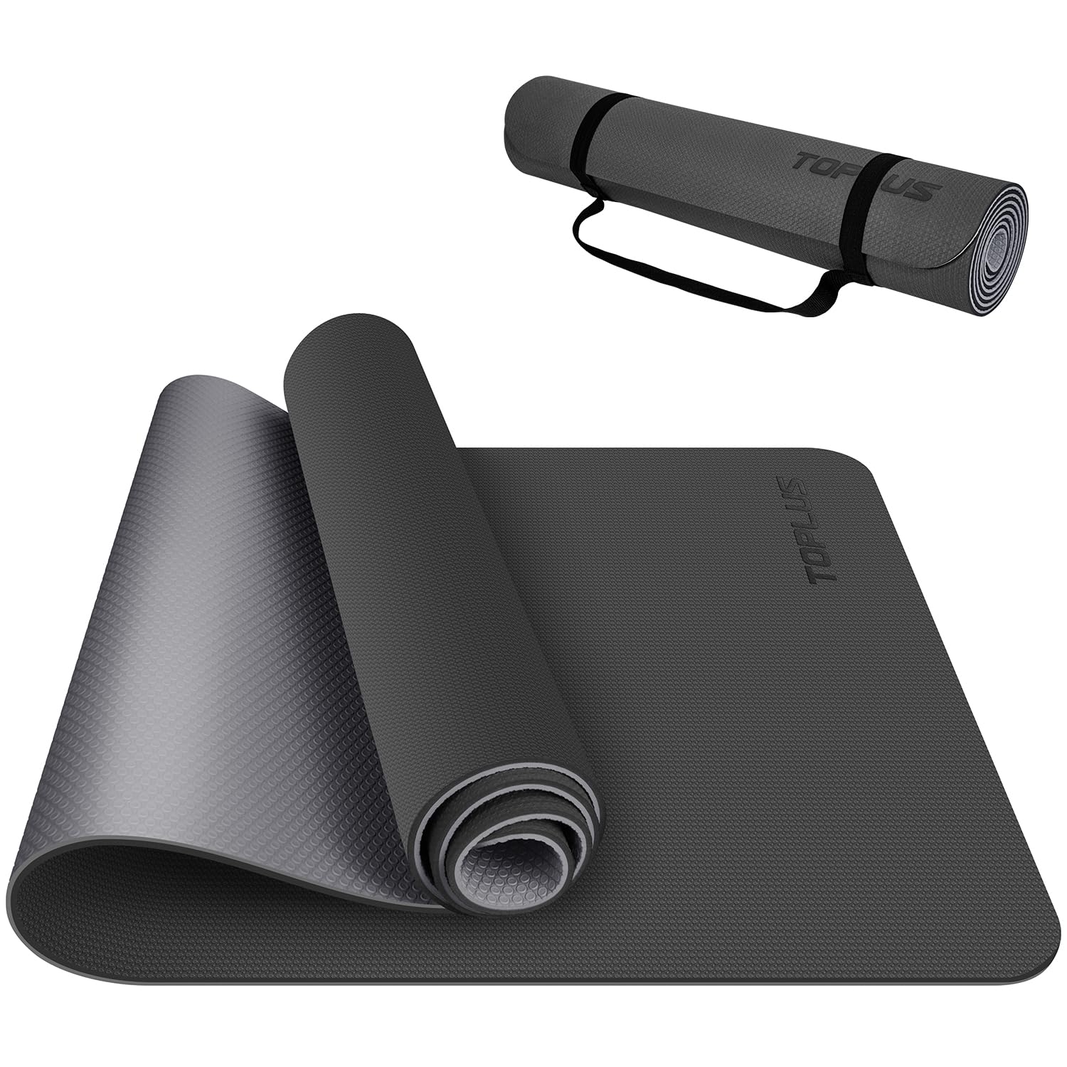 TOPLUS - Tappetino da ginnastica o da yoga, imbottito e antiscivolo, adatto per fitness, pilates e ginnastica, con tracolla, 183 x 61 x 0,6 cm, Nero