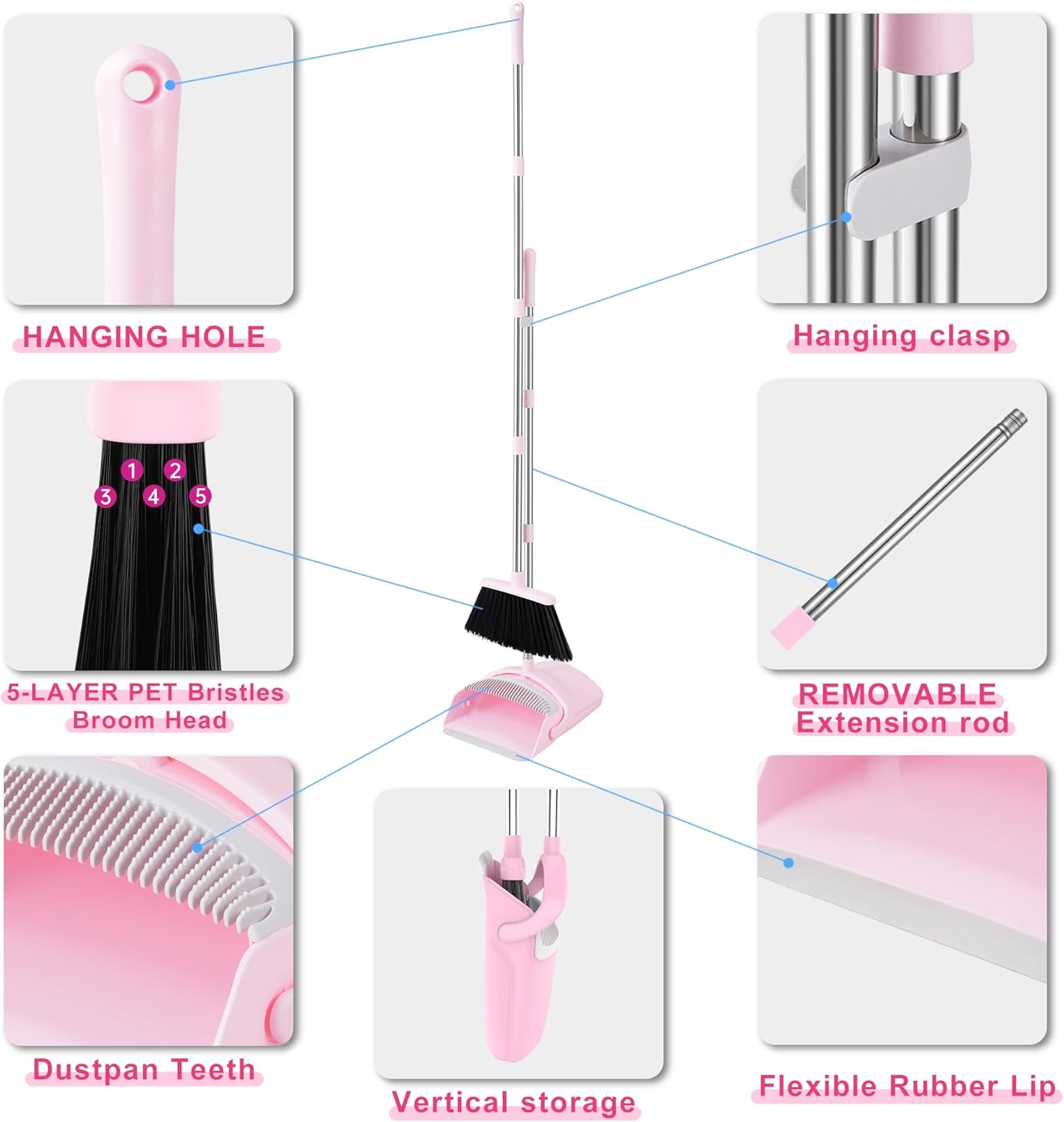 Pink Broom and Dustpan Set, 52-in Handle Broom Dustpan Combo Set Household Hand Broom with Dustpan Teeth to Clean Hair for Home Kitchen Office Lobby Sweeping Indoor(Pink) - Image 3