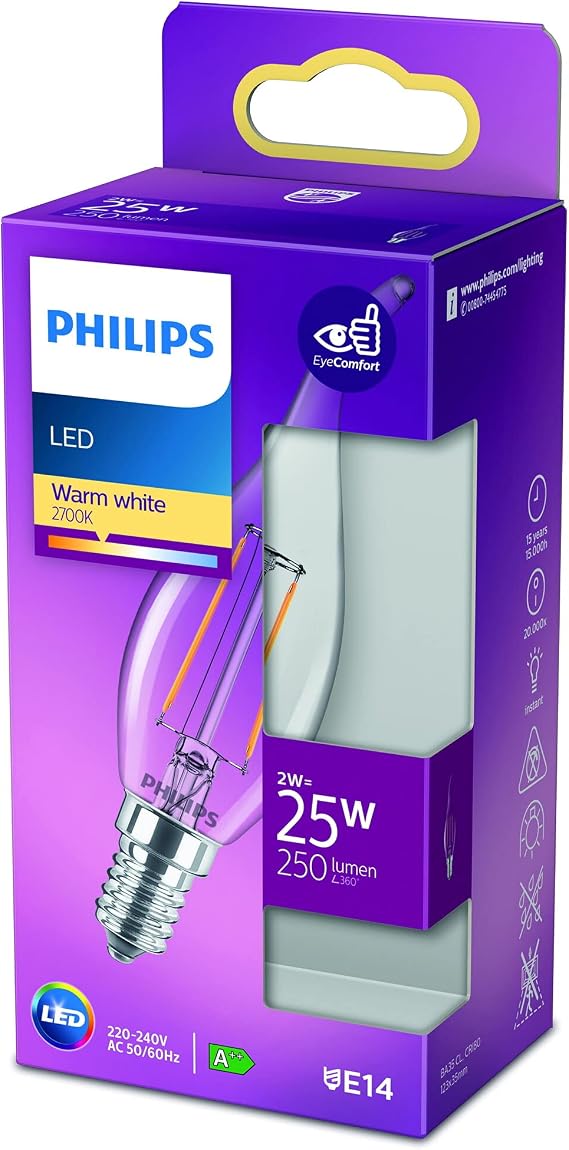 Philips LED classic 25W BA35 E14 WW CL Non-Dimmable Yellow Light Filament Bulb