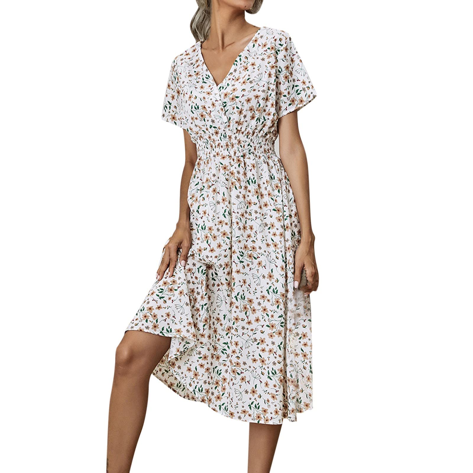Sunnyuk Vestidos Verano Mujer 2024 Vestido Corto Verano Sencillo Vestidos V Volantes Media Manga Estampado Vestido Casual Amplios Elegante Vestido Vacaciones