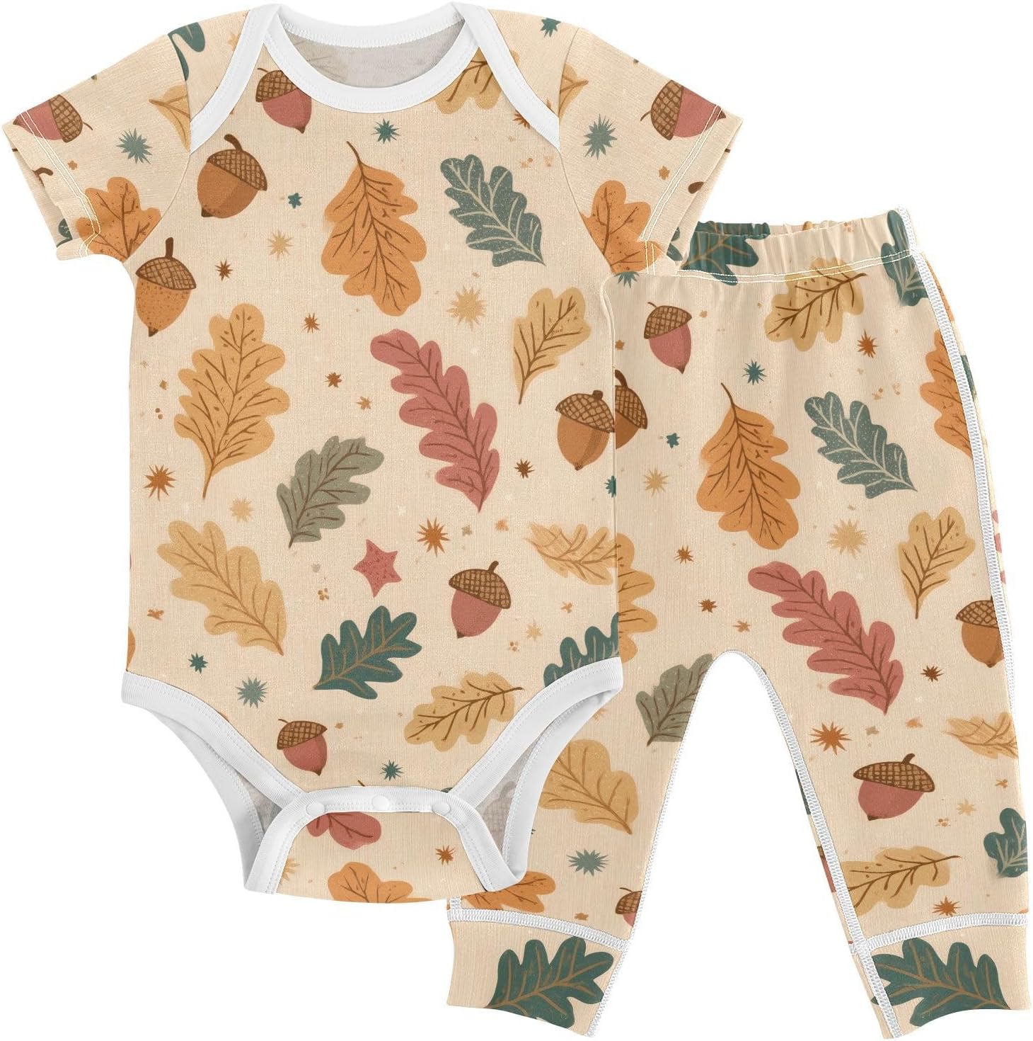vvfelixl Baby Clothes Autumn Leaves Acorns Baby Bodysuits Set Unisex Short Sleeve Babys Pants Sets 0-3M