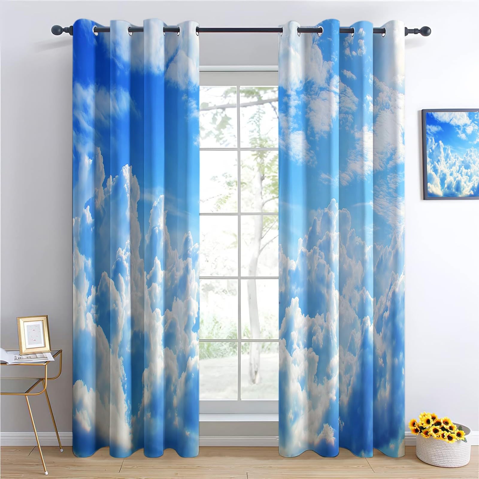 Générique Rideau Occultant Ciel Bleu Nuages Blancs, Rideaux Isolant Thermiques et Phonique - Draperies Oeillets Anti Froid Bleu pour Salon Chambre Fenêtre Décoration 110L x 215H cm 2 Panneaux