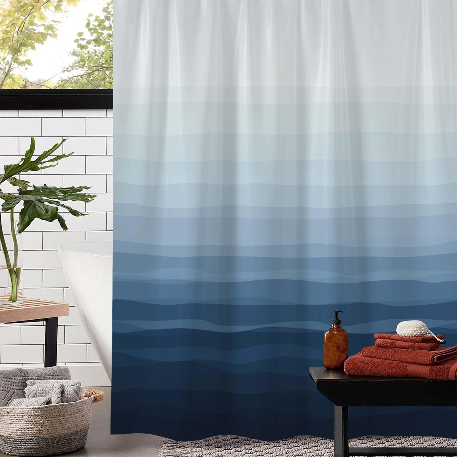 Ge, tenda da doccia sfumata blu – motivo onde oceaniche 12 ganci lavabile in lavatrice in poliestere decorazione bagno 120 x 175 cm – elegante e