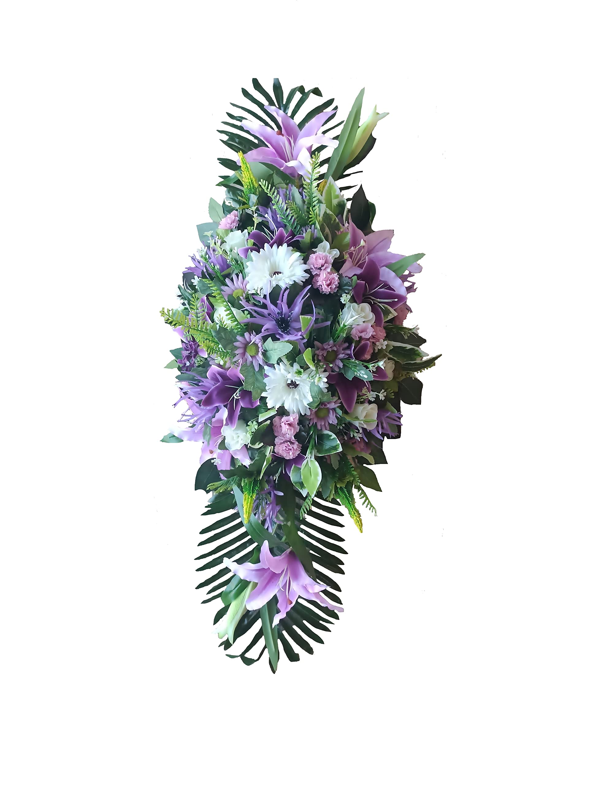 Centro de Flores Artificiales Cementerio, Santos, Aniversarios de pie Morado Malva y Blanco (Centro Plano 120x42x32 cm)