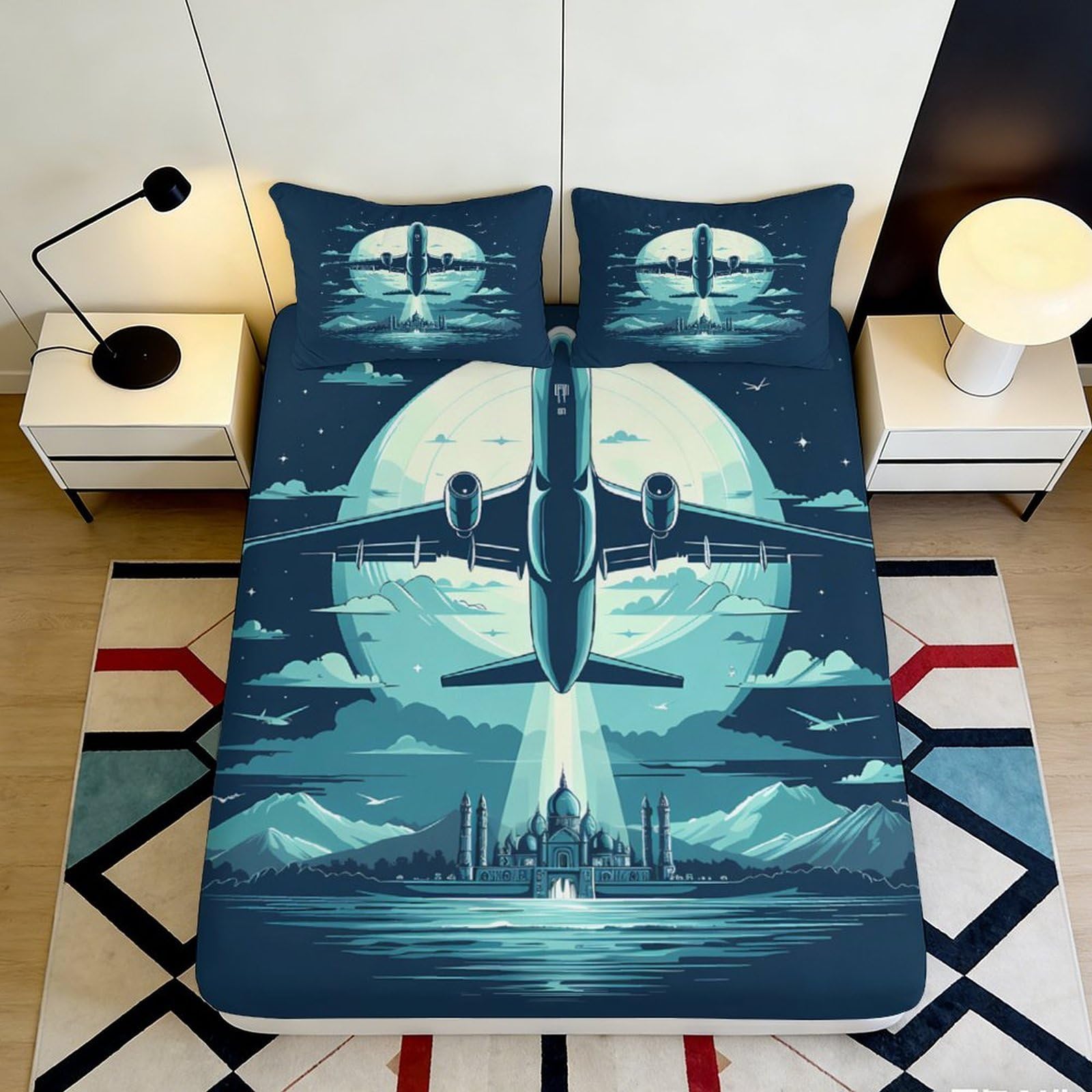 3D Printed Airplane Moon Fitted Sheet Microfiber Soft Durable Night Sky Bed Cover for Bedroom Dormitory Guest Room Mattress Protection 180x200x25cm